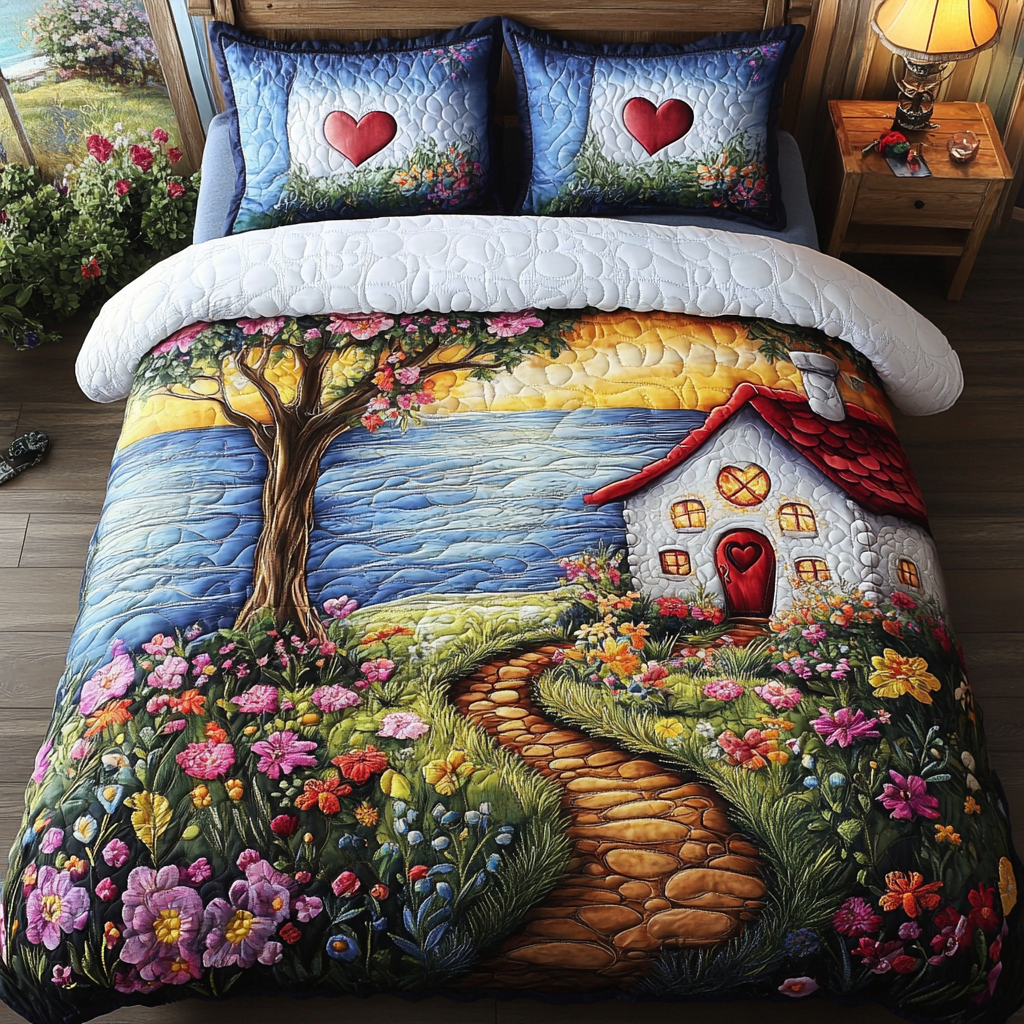 Floral Path Quilted Bedding Set Quilted Bedspread Housewarming Gift
