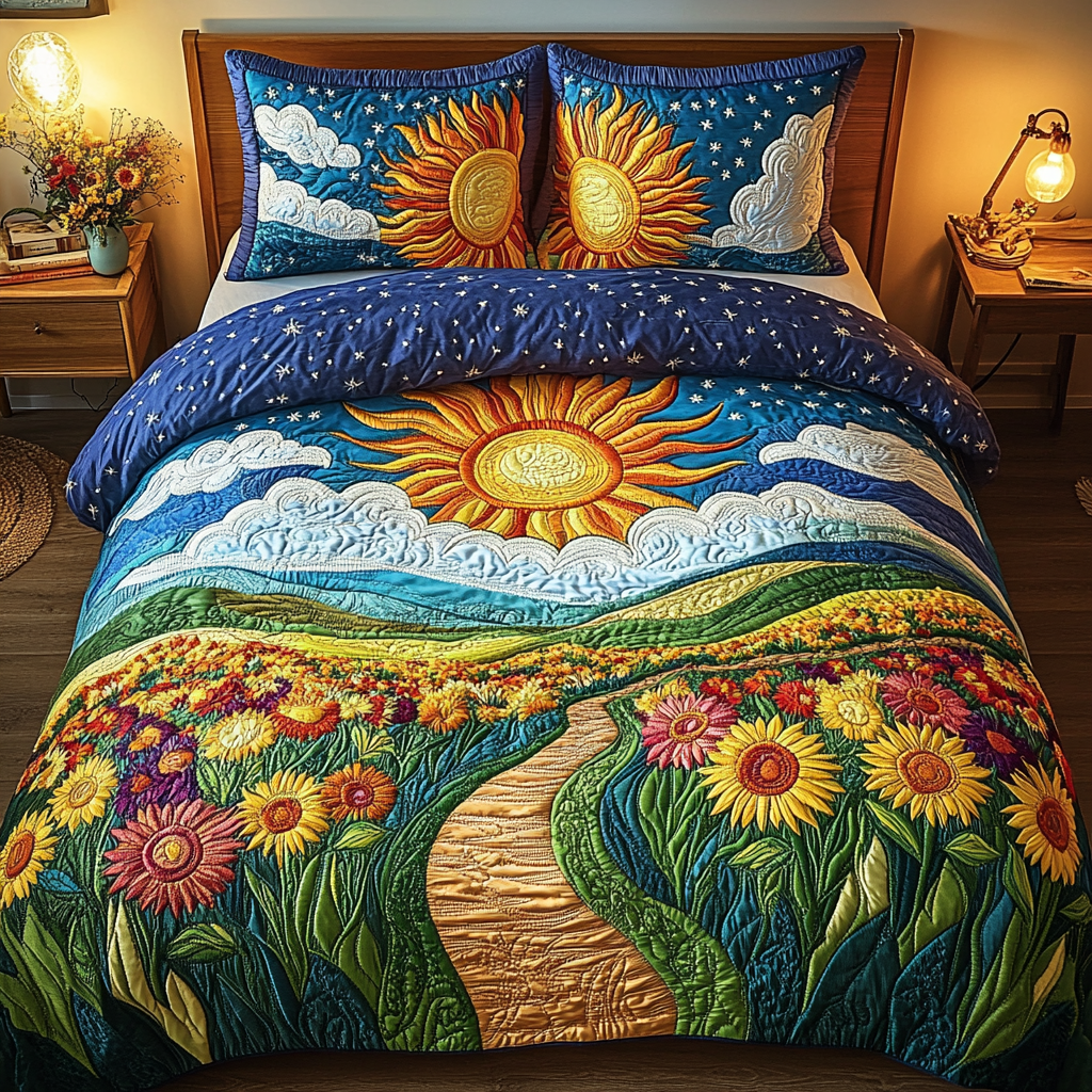 Floral Sunrise 3-Piece Quilted Bedding Set Quilted Bedspread Nature Lover Gift Fall Decor Gift