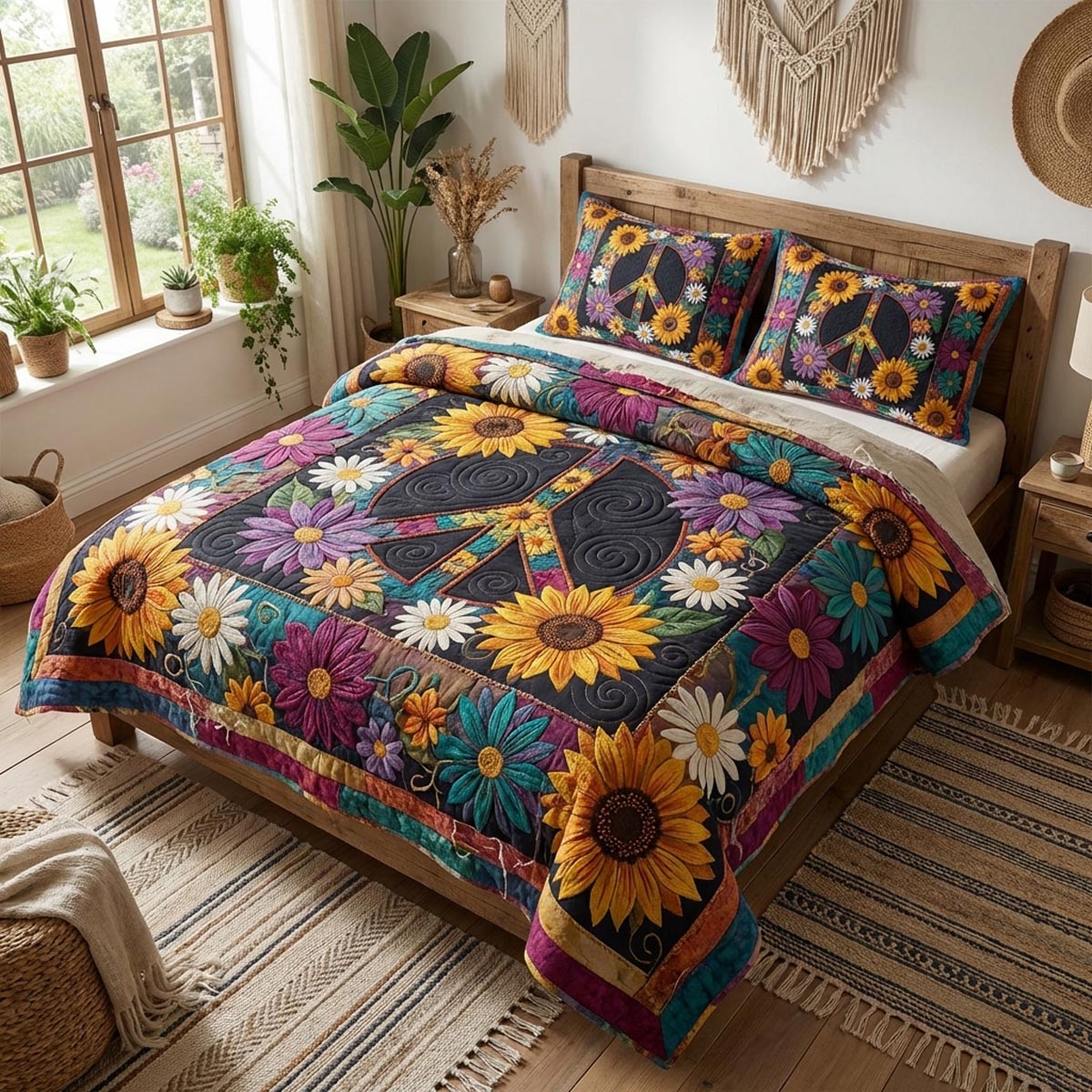 Flower Power Quilted Bedding Set Quilted Bedspread Nature Lover Gift Fall Decor Gift