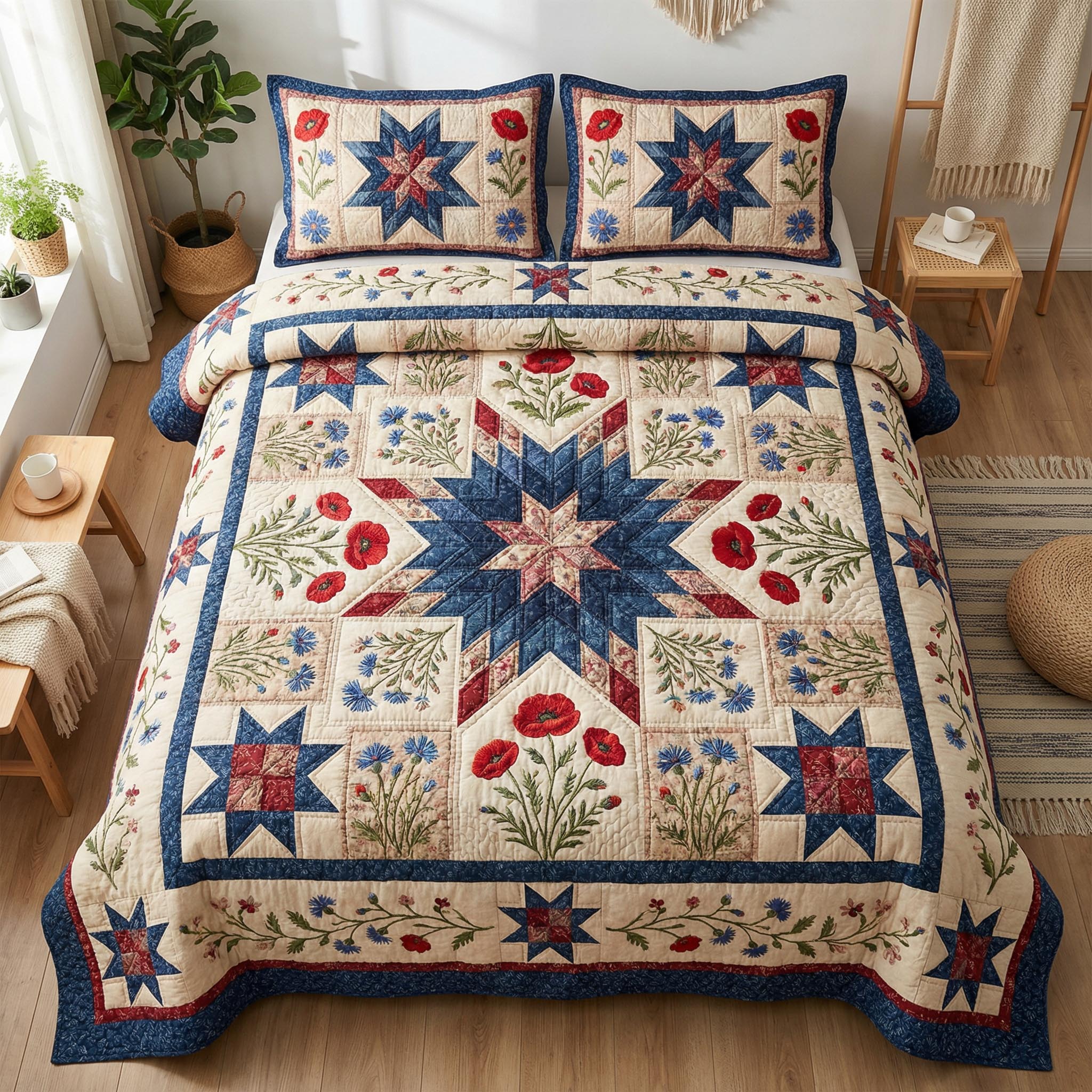 Freedom Blossom 3-Piece Quilted Bedding Set Fall Quilt Sets Nature Lover Gift Fall Decor Gift