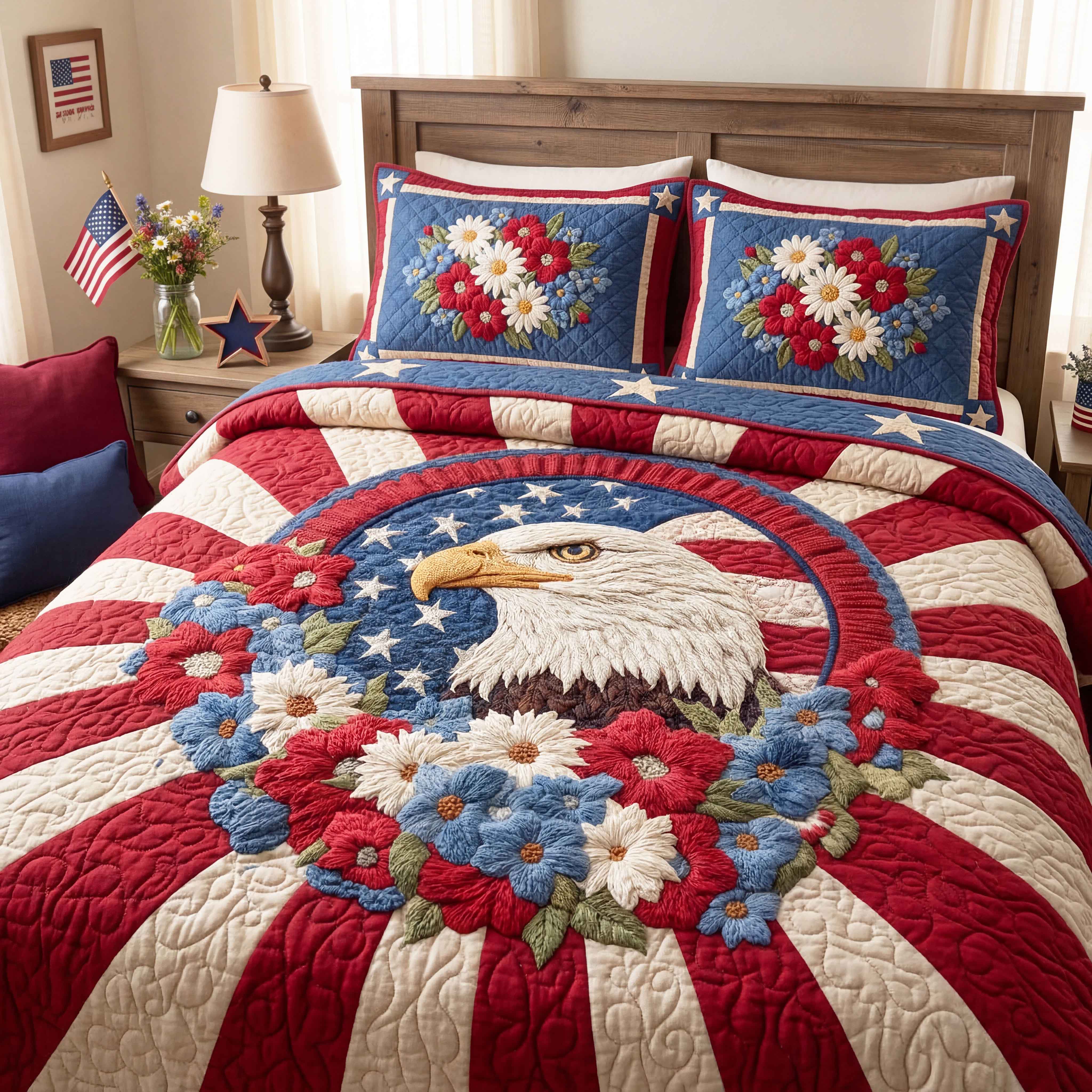 Freedom Eagle 3-Piece Quilted Bedding Set Bedspread Set 4th Of July Gift