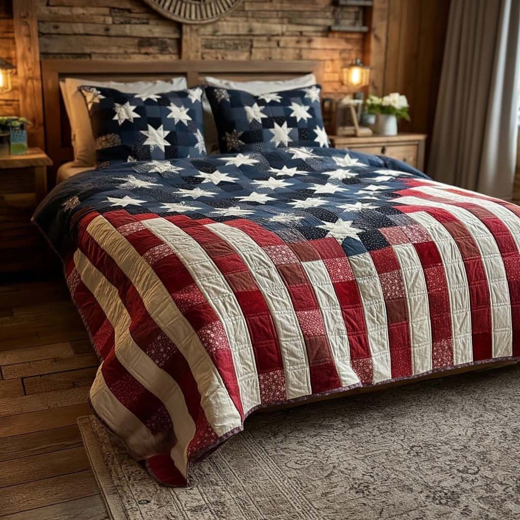 Americana Quilted Bedding Set Quilted Bedspread 4th Of July Gift