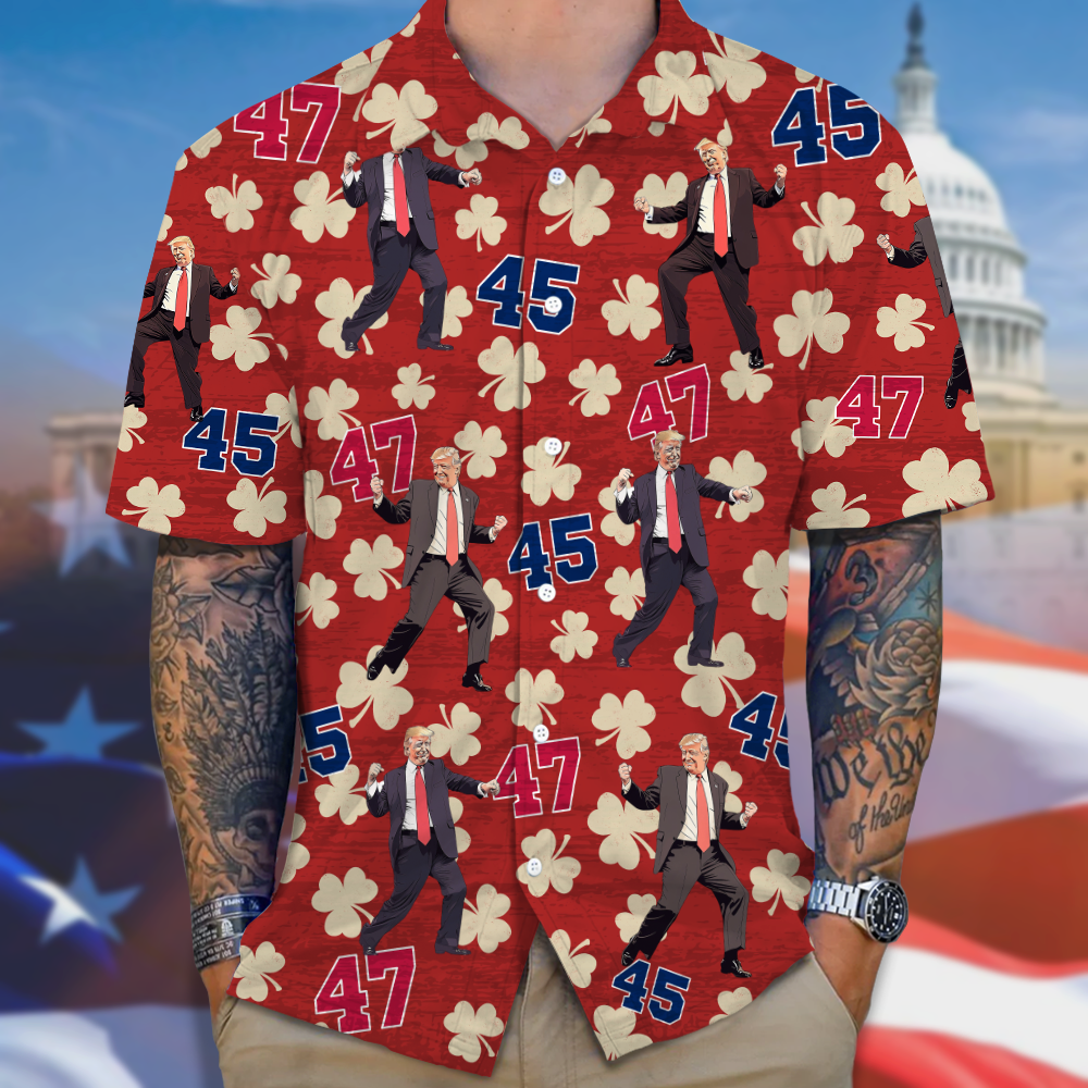 Trump 45 -47 Shamrock Patrick's Day Hawaian Shirt, Funny Political Shirt, Gift For Trump Supporters