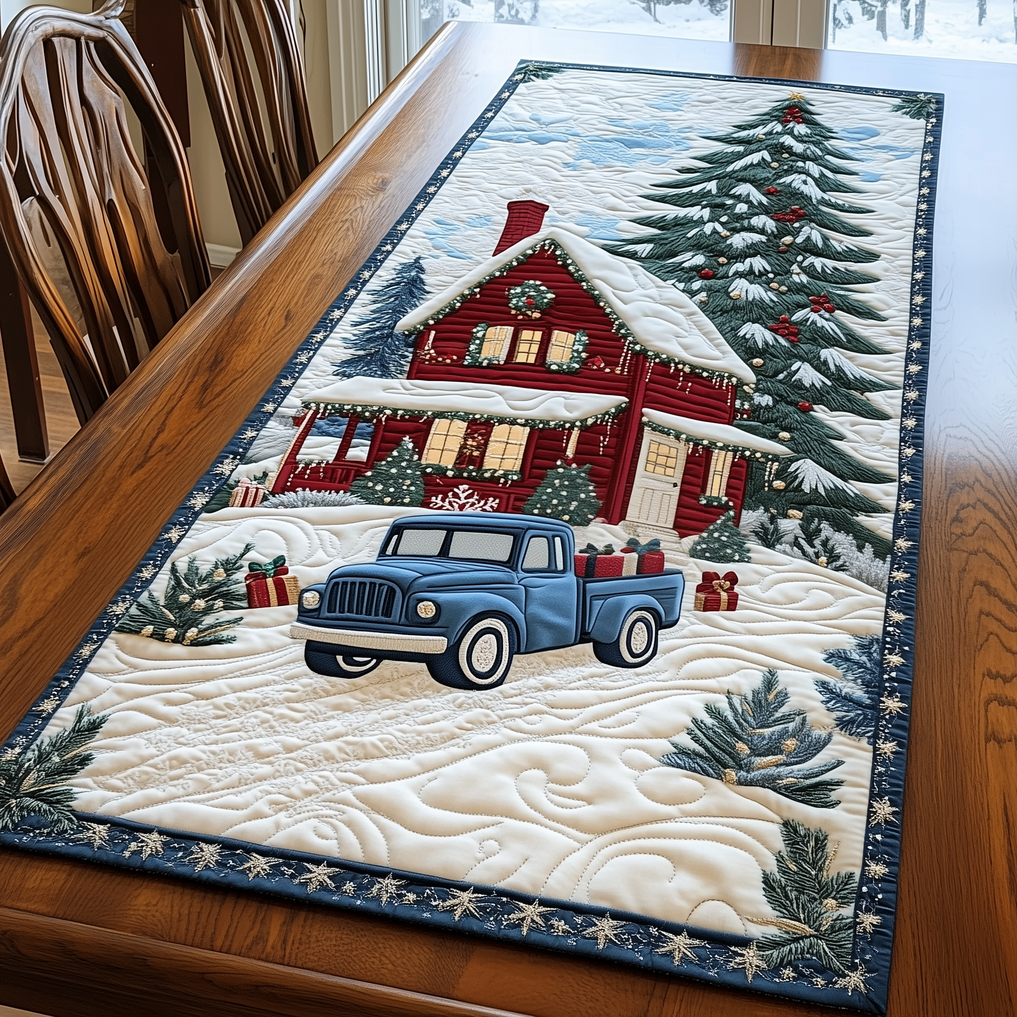 Snow Cabin And Truck Quilted Table Runner, Easter Table Runner, Spring Table Runner, Mother's Day Gifts
