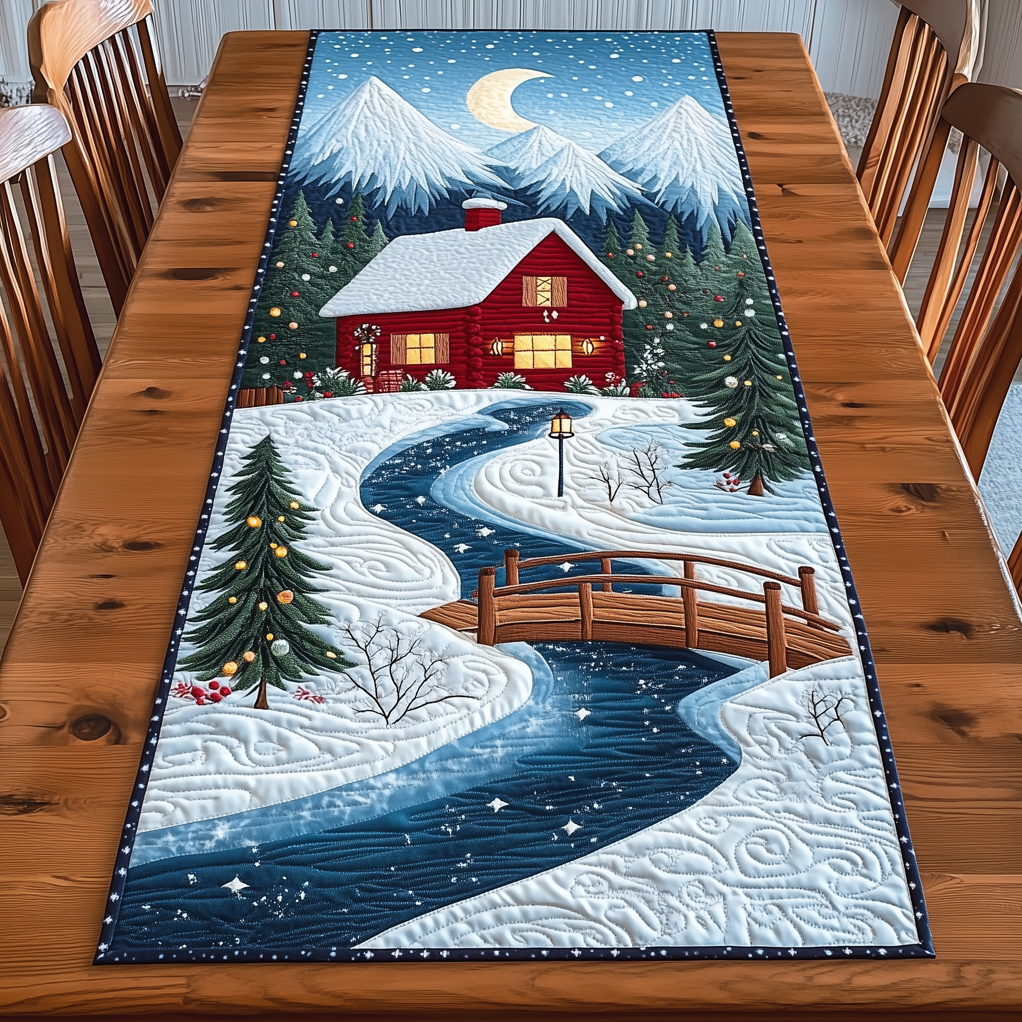 Peaceful Snow Cabin Quilted Table Runner, Easter Table Runner, Spring Table Runner, Mother's Day Gifts