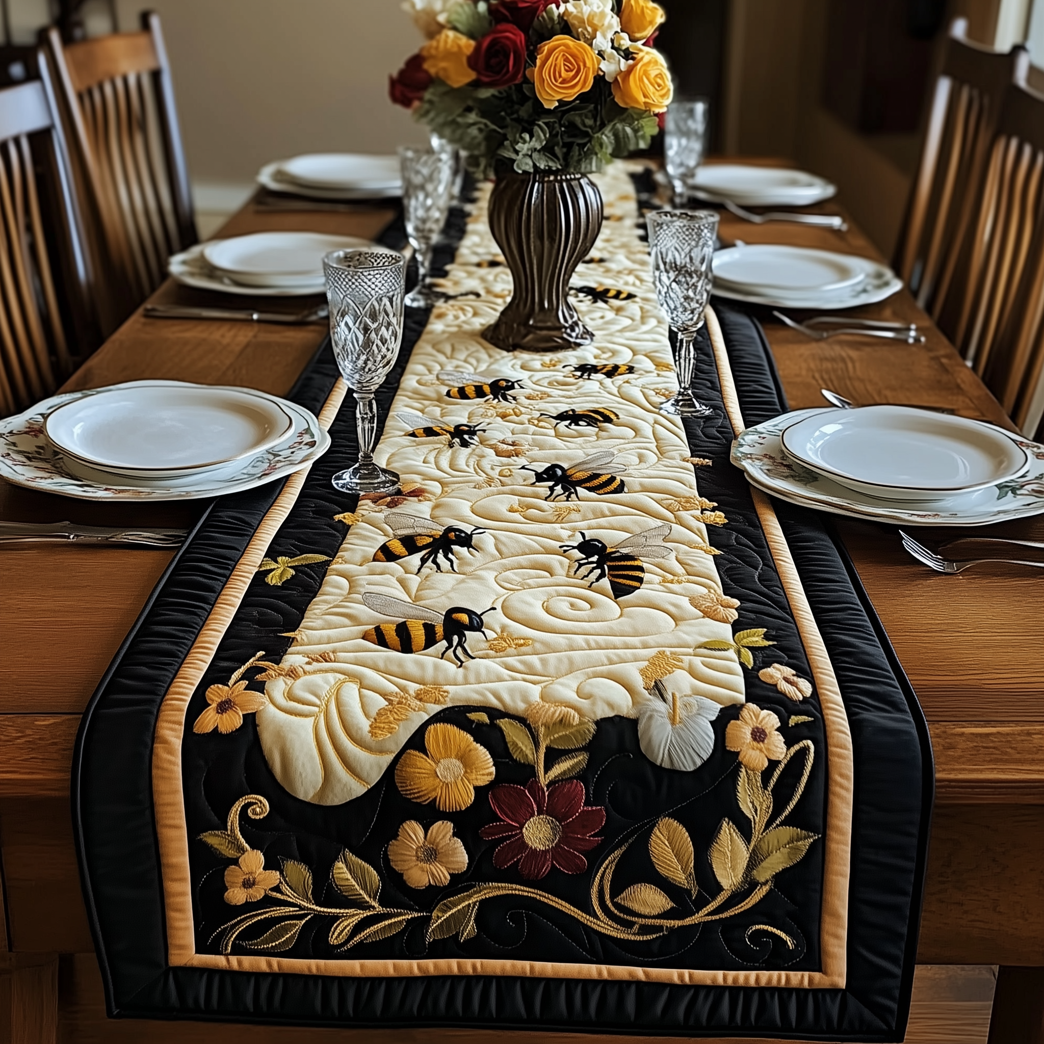 Floral Bee Quilted Table Runner, Easter Table Runner, Spring Table Runner, Mother's Day Gifts