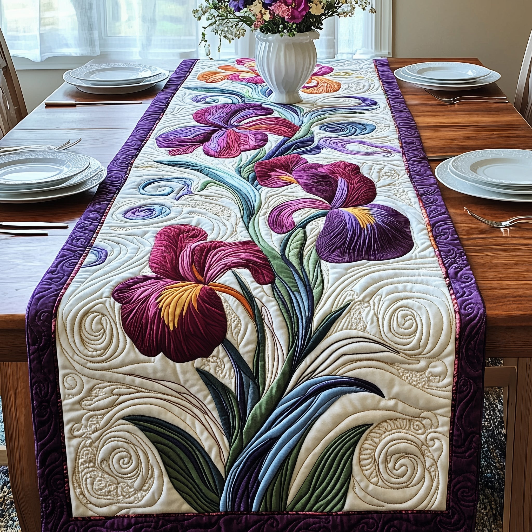 The Eternal Iris Quilted Table Runner, Easter Table Runner, Spring Table Runner, Mother's Day Gifts