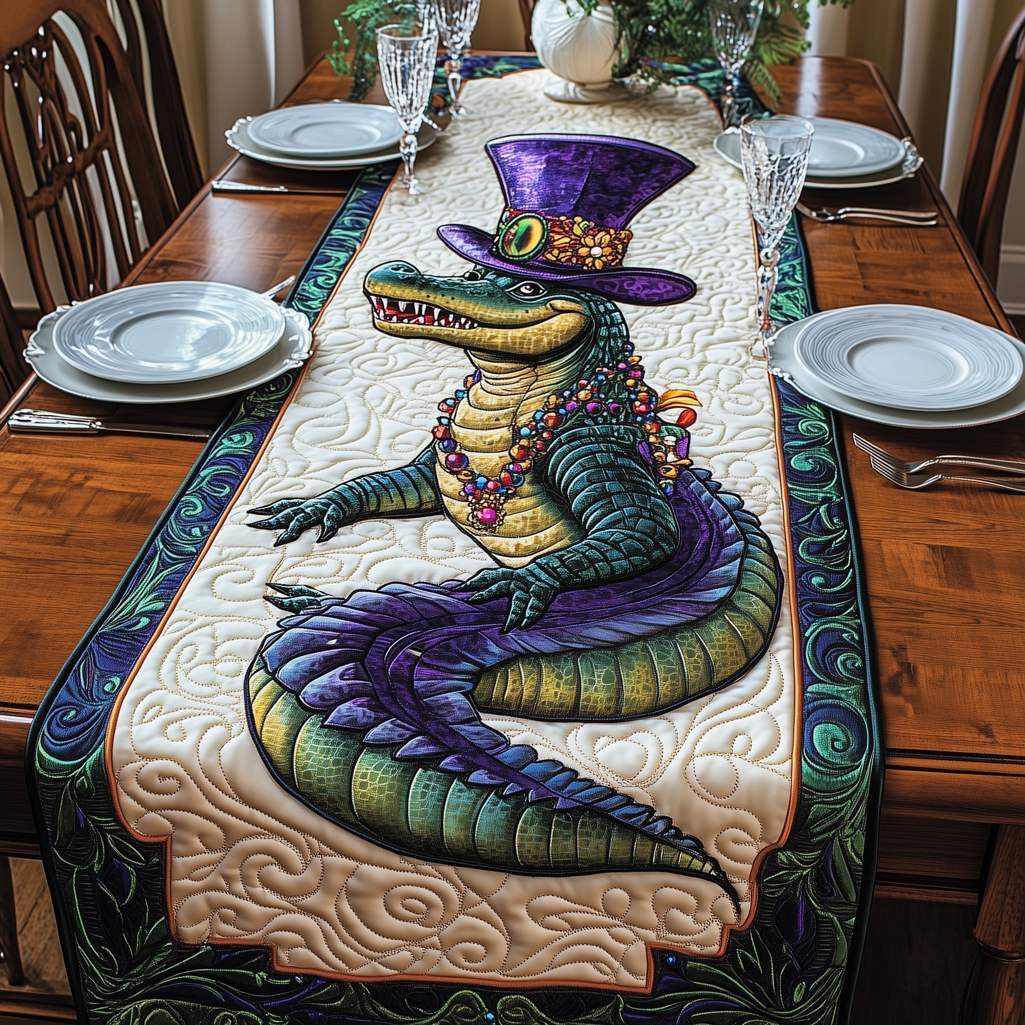 Alligator Mardi Gras Quilted Table Runner, Easter Table Runner, Spring Table Runner, Mother's Day Gifts
