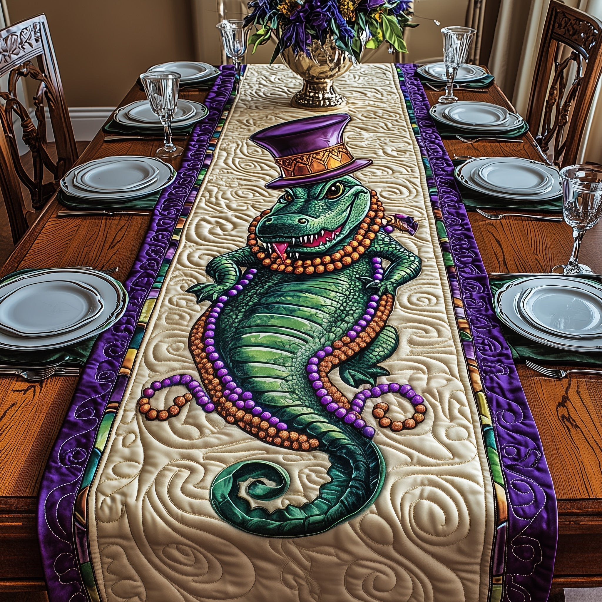 Mardi Gras Alligator Quilted Table Runner, Easter Table Runner, Spring Table Runner, Mother's Day Gifts