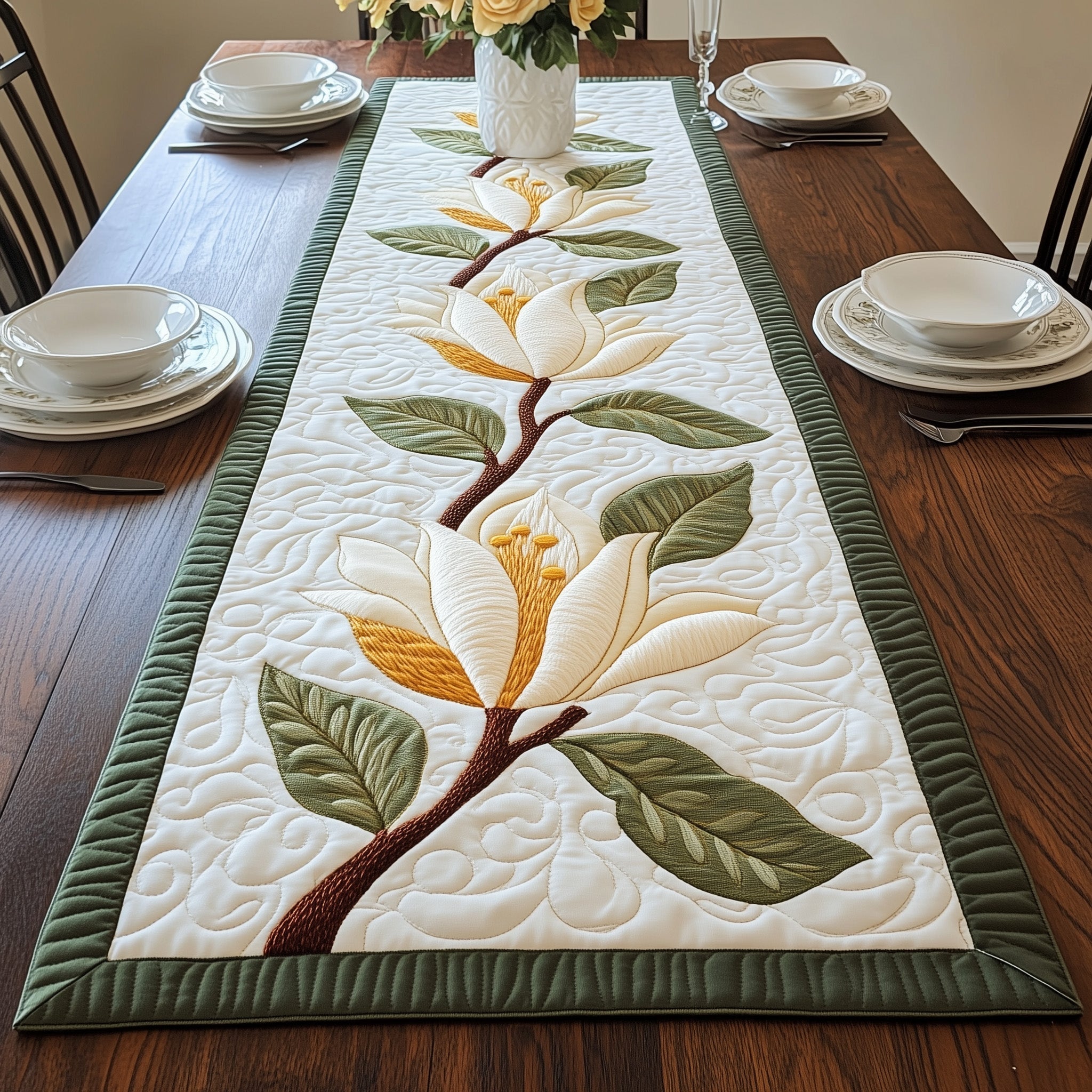 Magnolia Flower Quilted Table Runner, Easter Table Runner, Spring Table Runner, Mother's Day Gifts