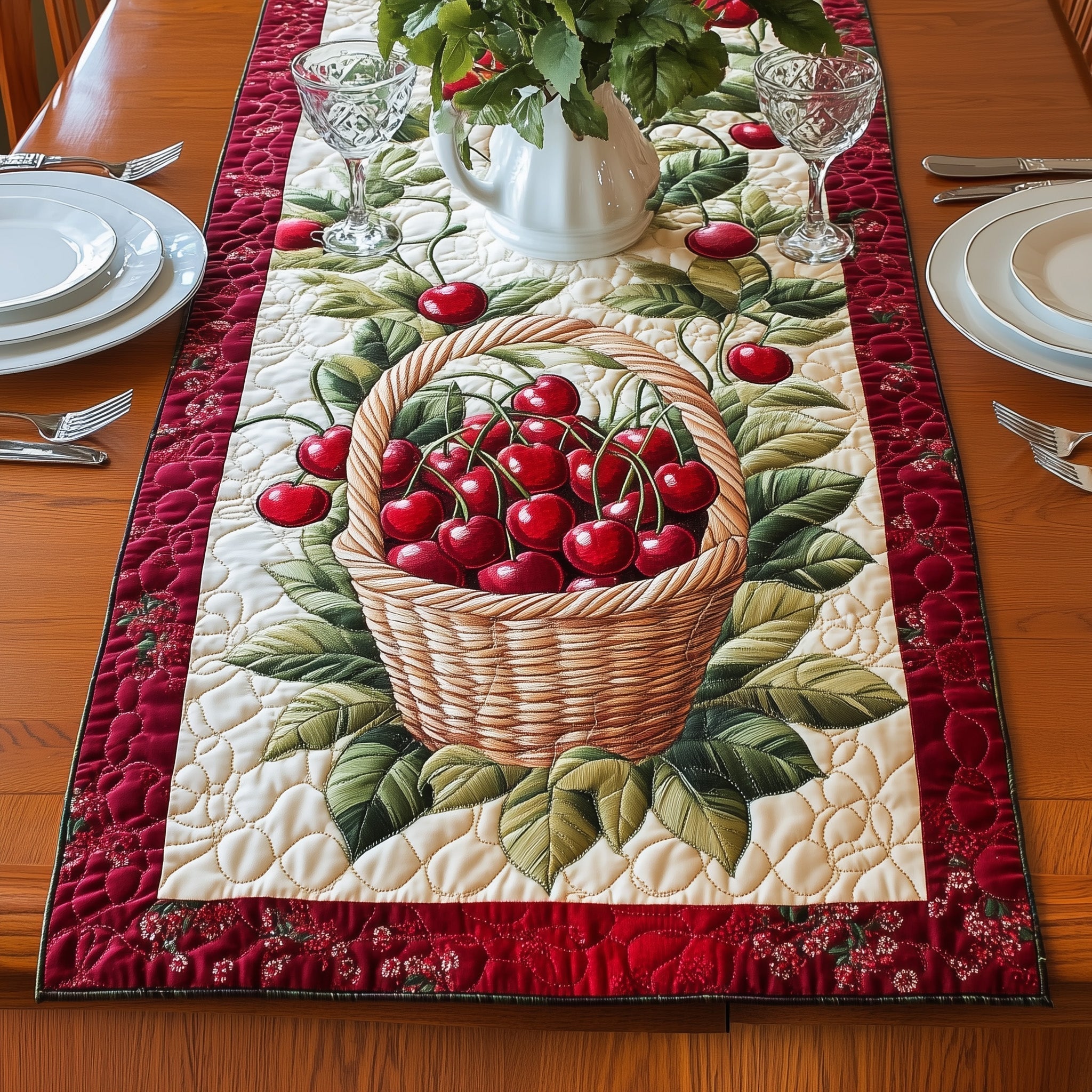 Fresh Cherry Baskets Quilted Table Runner, Easter Table Runner, Spring Table Runner, Mother's Day Gifts