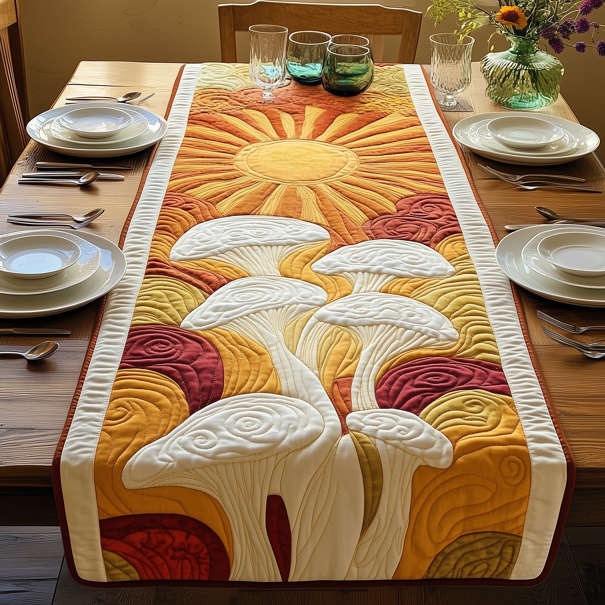 Sunshine Mushroom Quilted Table Runner, Easter Table Runner, Spring Table Runner, Mother's Day Gifts