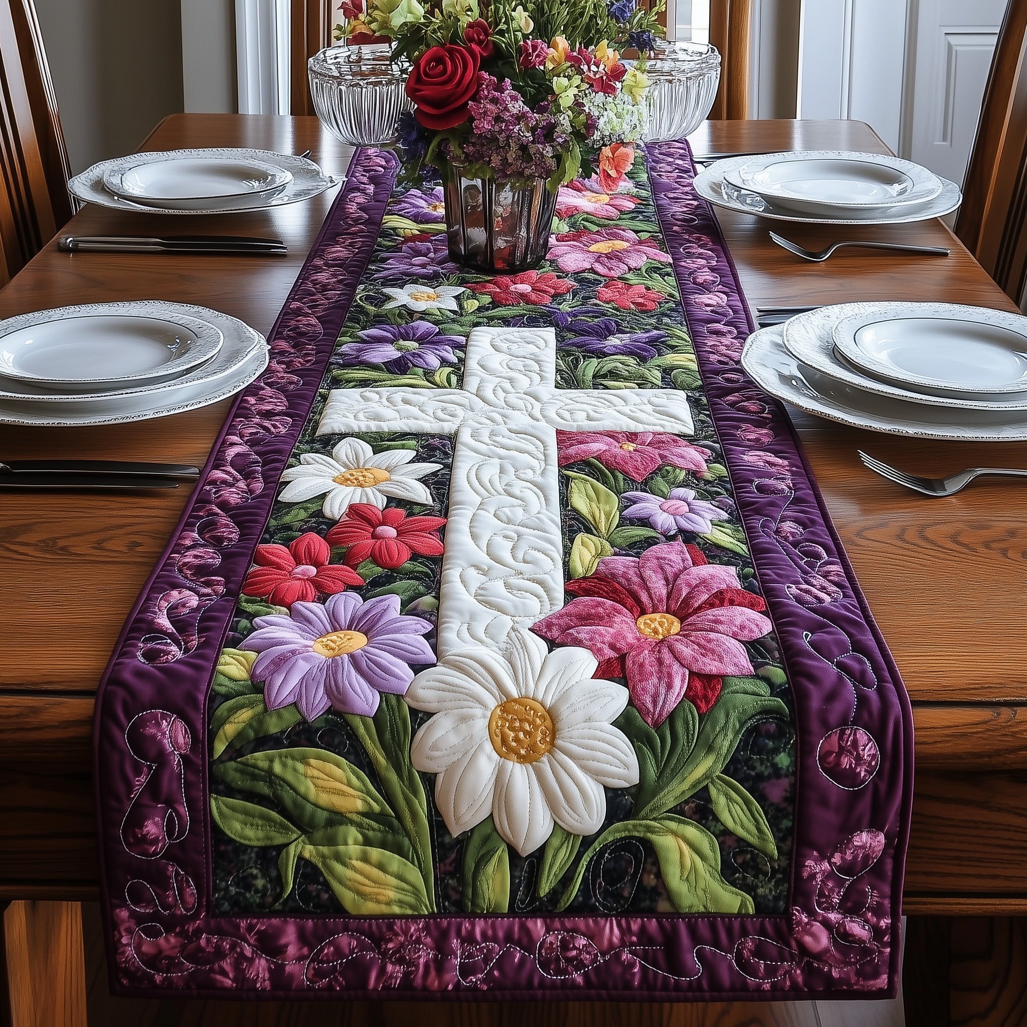 Blooming Faith Quilted Table Runner, Easter Table Runner, Spring Table Runner, Mother's Day Gifts