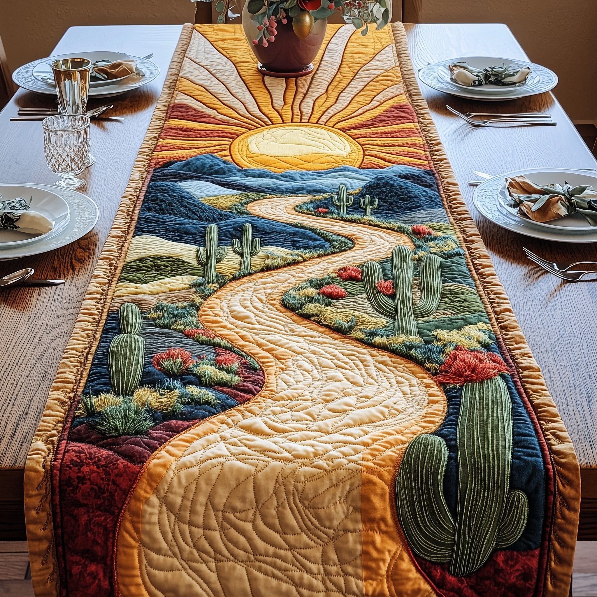 Sunlit Cactus Trail Quilted Table Runner, Easter Table Runner, Spring Table Runner, Mother's Day Gifts