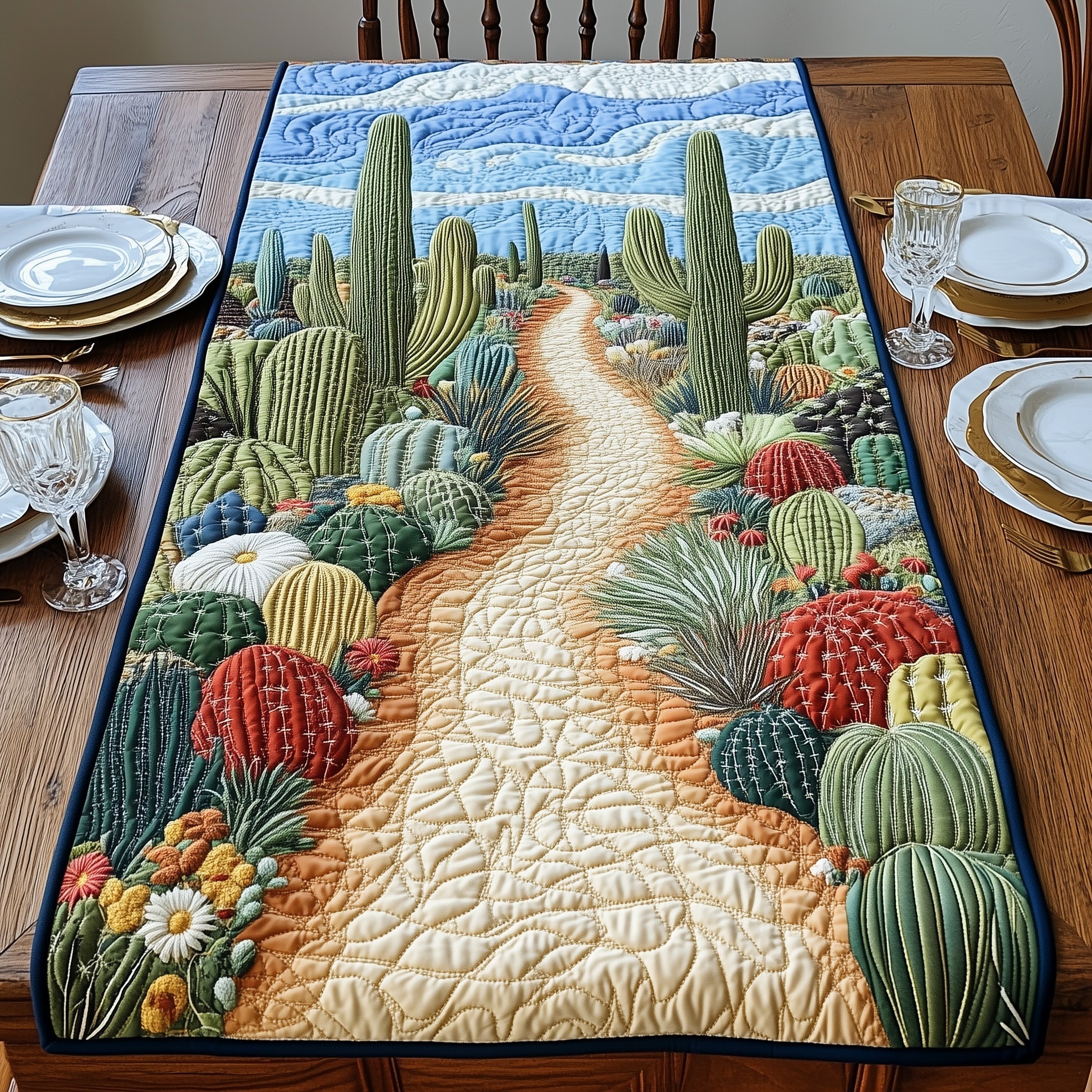 Cactus Road to Sky Quilted Table Runner, Easter Table Runner, Spring Table Runner, Mother's Day Gifts