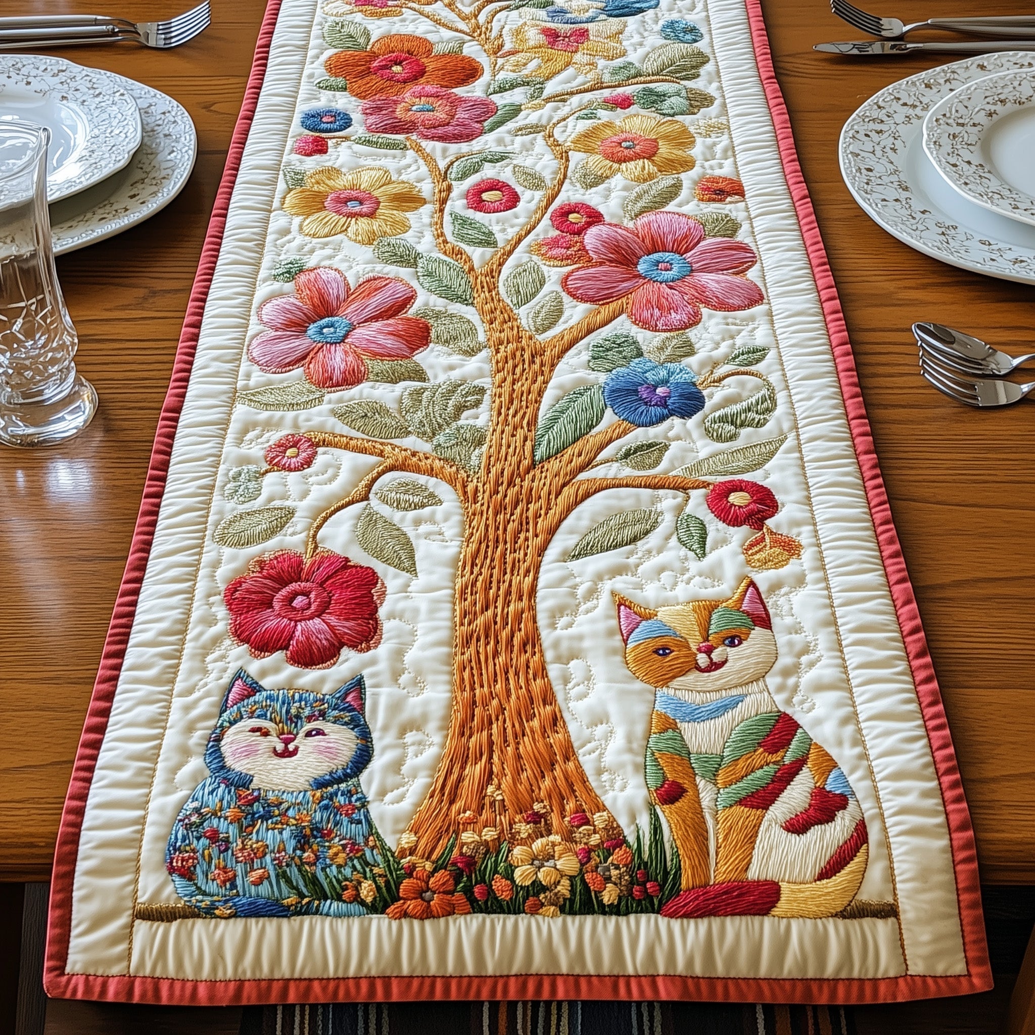 Cat Among the Blooms Quilted Table Runner, Easter Table Runner, Spring Table Runner, Mother's Day Gifts