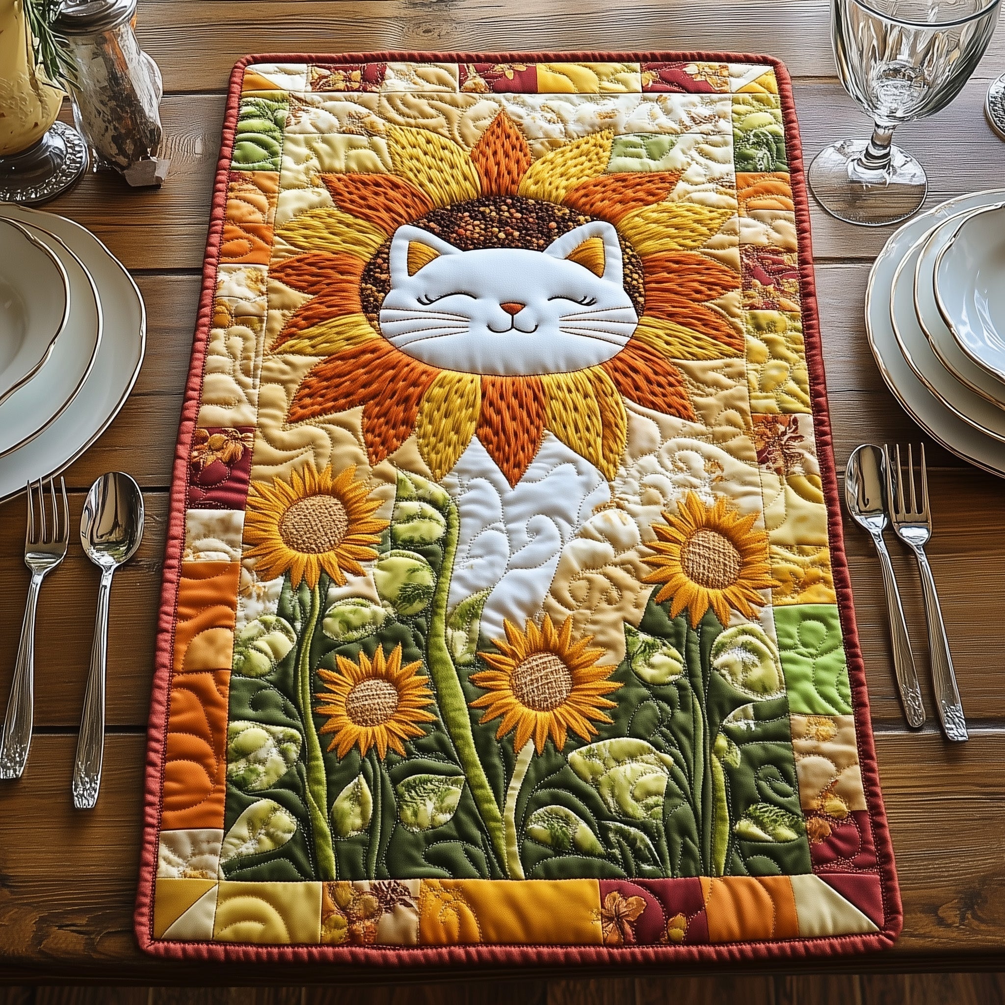 Sunflower Cat Quilted Table Runner, Easter Table Runner, Spring Table Runner, Mother's Day Gifts
