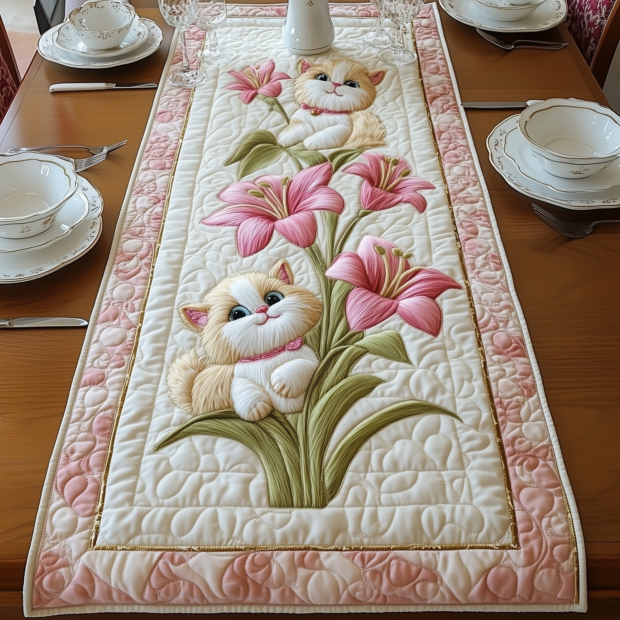 Cat Among Lilies Quilted Table Runner, Easter Table Runner, Spring Table Runner, Mother's Day Gifts