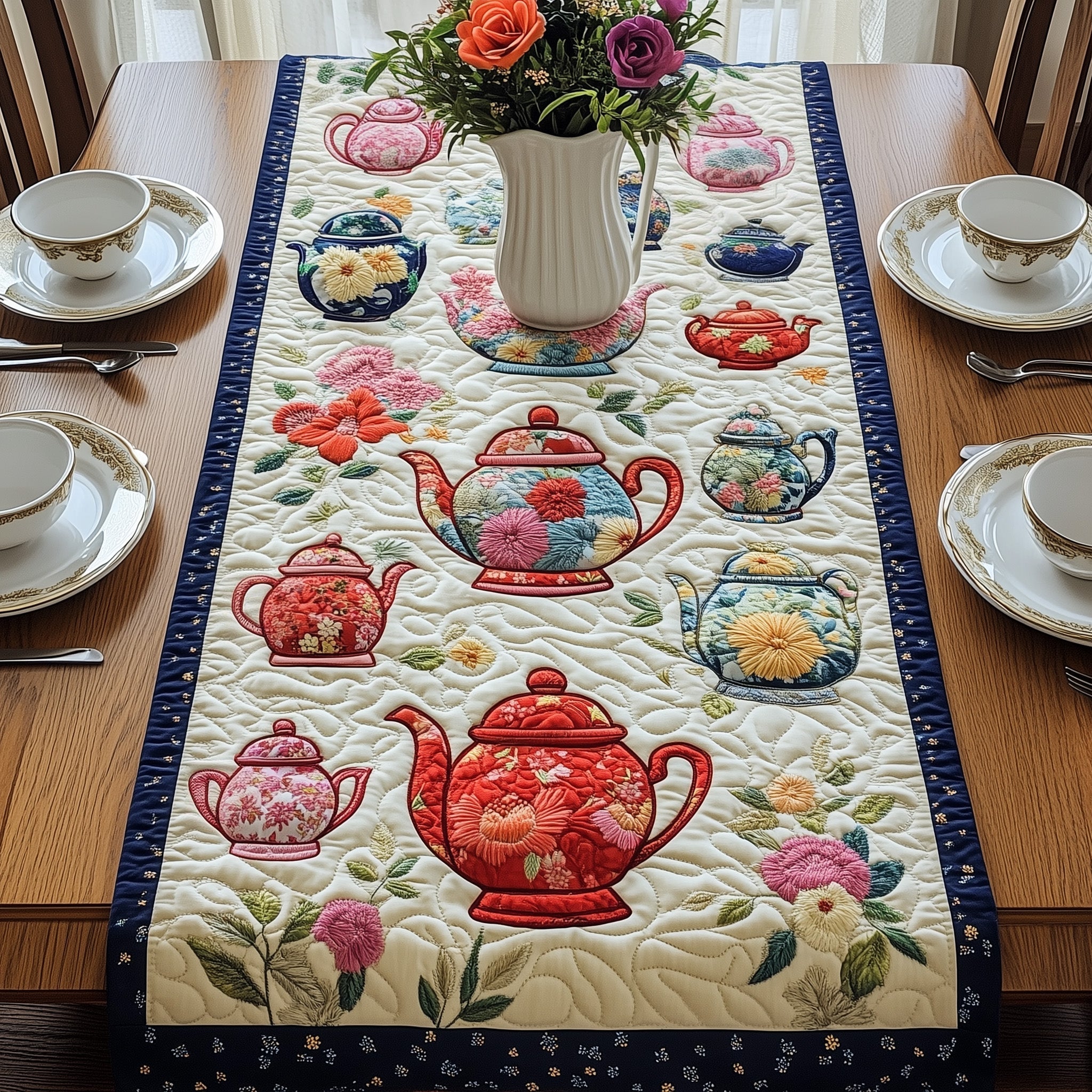 Tea in Full Bloom Quilted Table Runner, Easter Table Runner, Spring Table Runner, Mother's Day Gifts