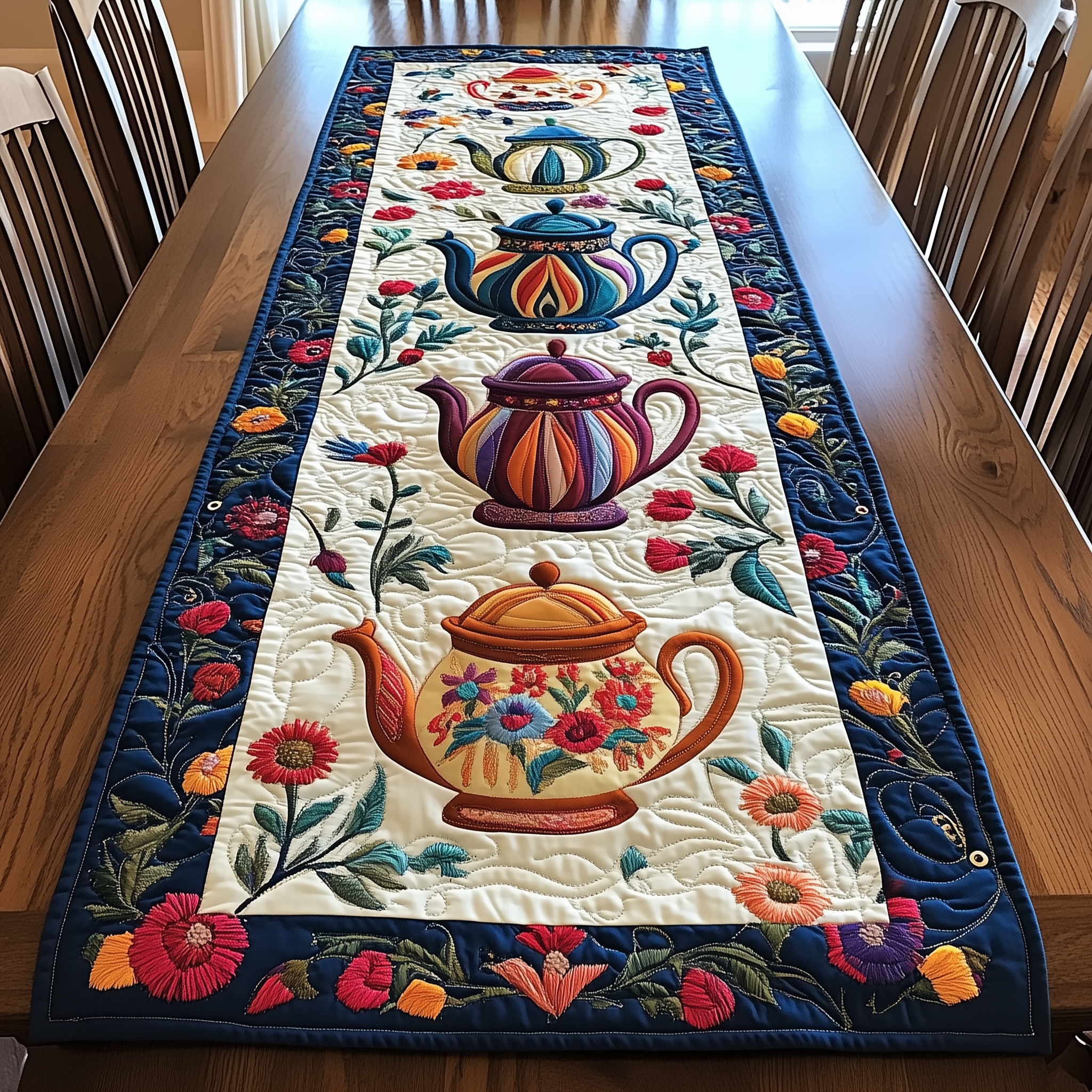 Colorful Teapots Quilted Table Runner, Easter Table Runner, Spring Table Runner, Mother's Day Gifts