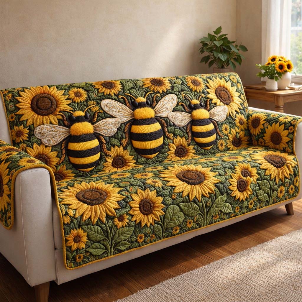 Sunflower Buzz Quilted Sofa Cover Fall Halloween Decor For Sofa Couch