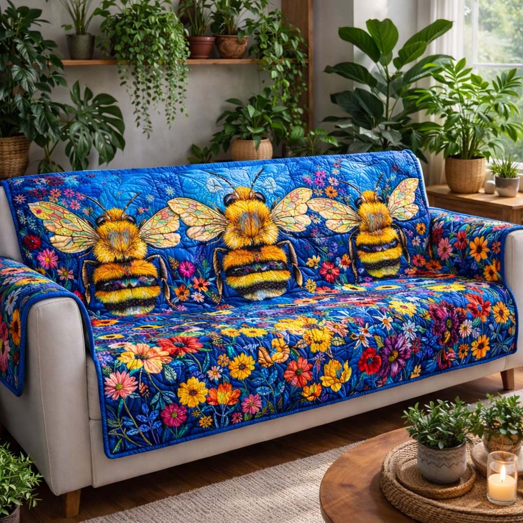 Blue Meadow Bees Quilted Sofa Cover Fall Halloween Decor For Sofa Couch