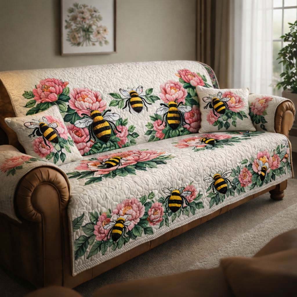 Peony Honey Bees Quilted Sofa Cover Fall Halloween Decor For Sofa Couch