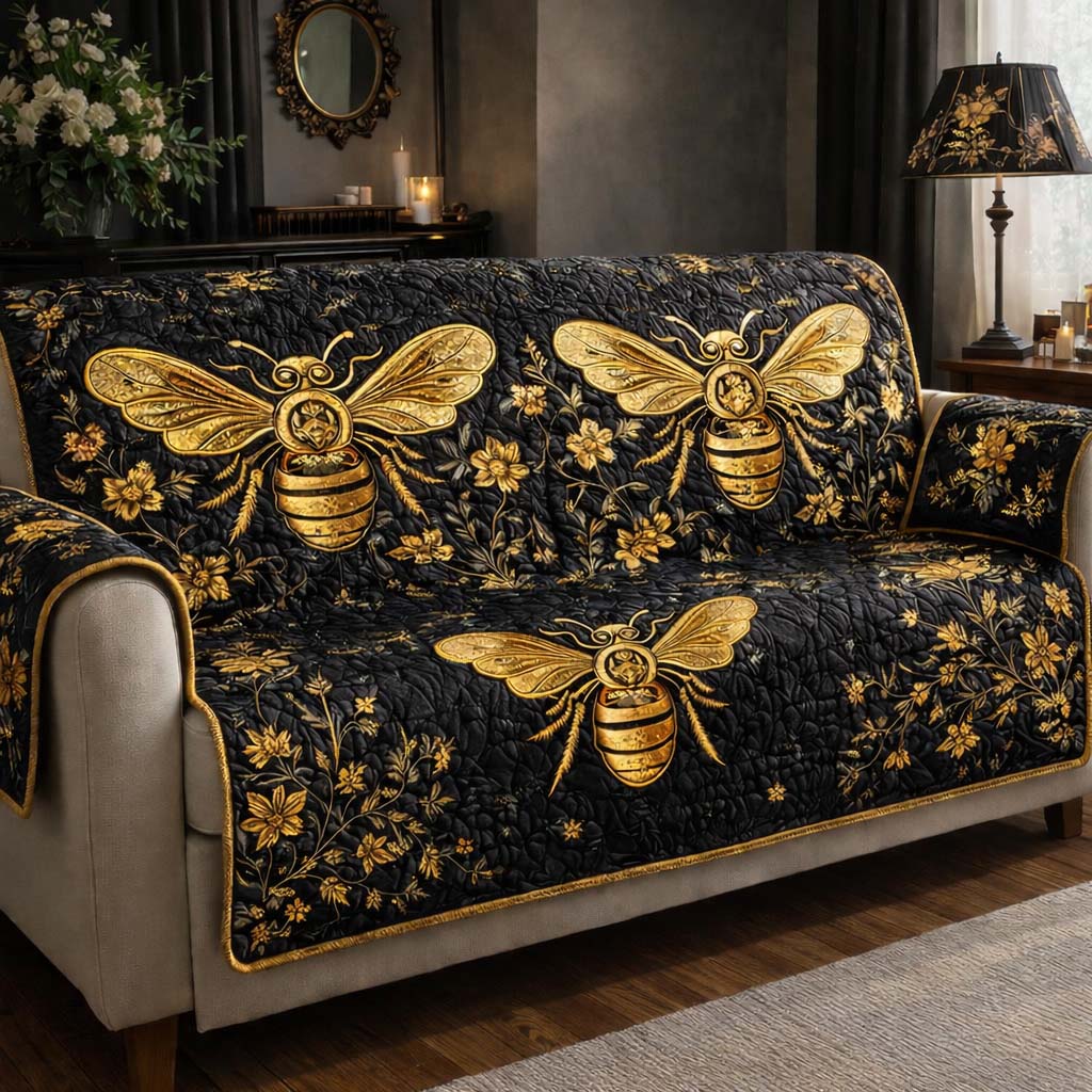 Golden Noir Bees Quilted Sofa Cover Fall Halloween Decor For Sofa Couch
