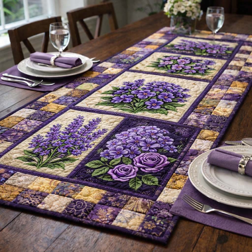 Violet Garden Patchwork Quilted Table Runner, Easter Table Runner, Spring Table Runner, Mother's Day Gifts