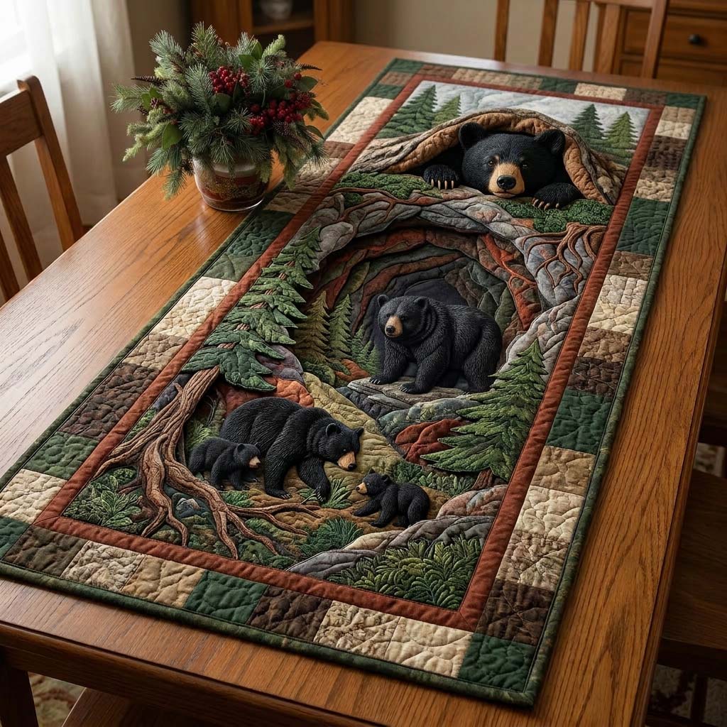 Forest Bear Family Quilted Table Runner, Easter Table Runner, Spring Table Runner, Mother's Day Gifts