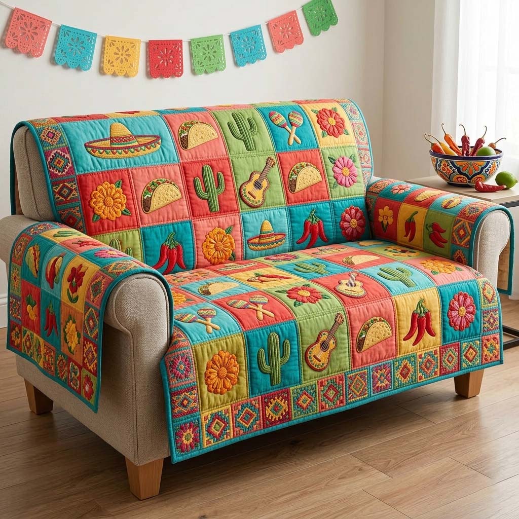 Cactus Fiesta Patch Quilted Sofa Cover Fall Halloween Decor For Sofa Couch