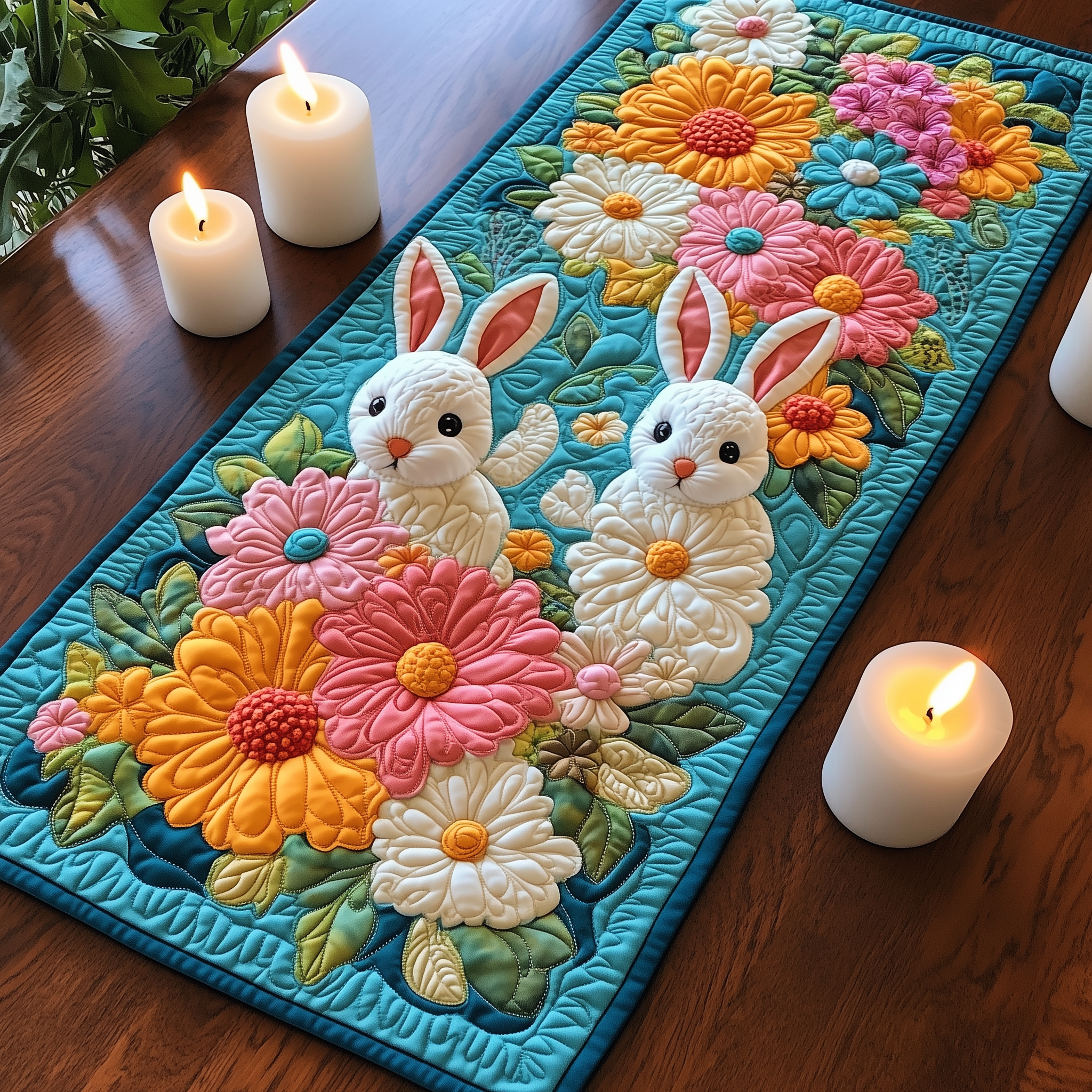 Blooming Bunny Haven Quilted Table Runner, Easter Table Runner, Spring Table Runner, Mother's Day Gifts