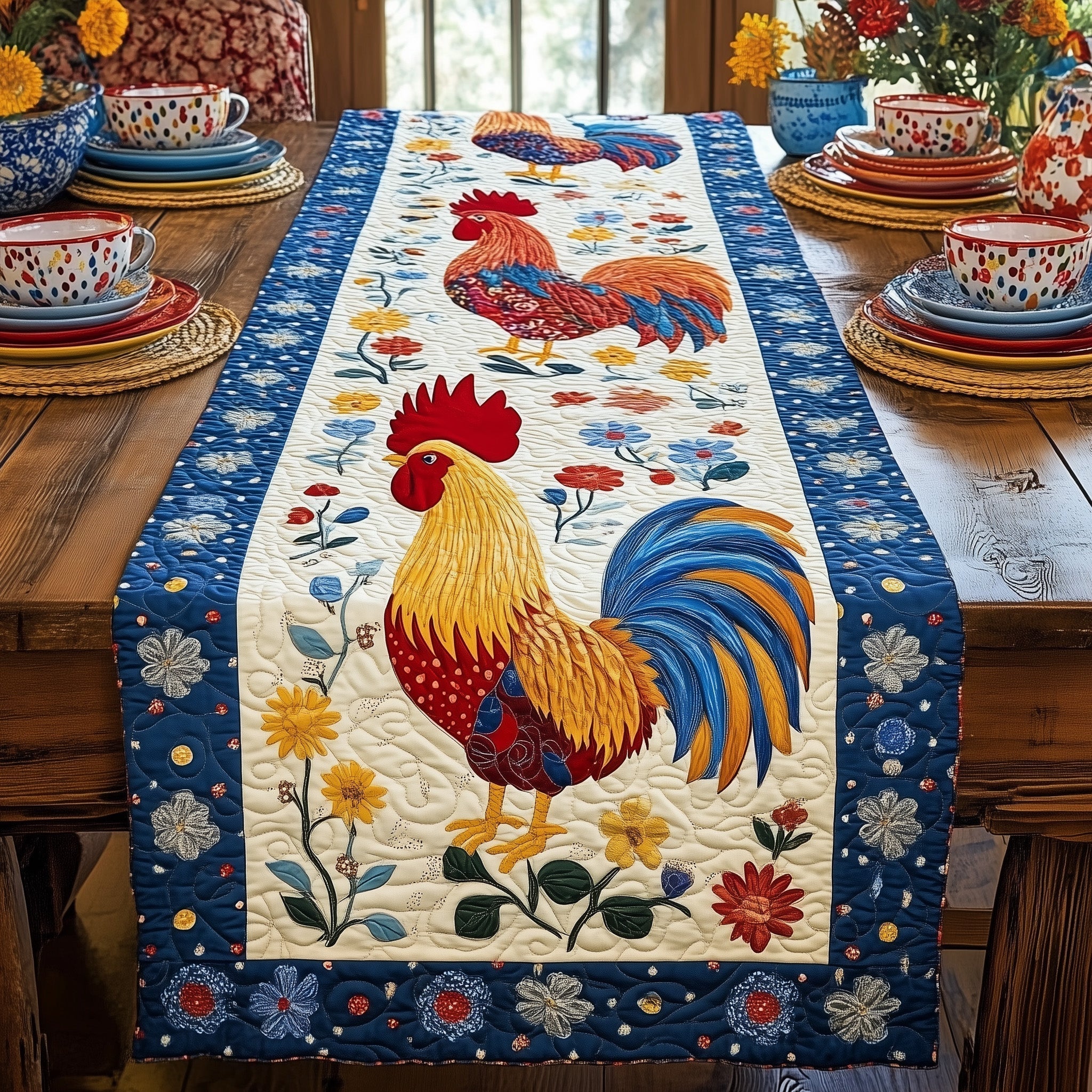 Rooster Parade Quilted Table Runner, Easter Table Runner, Spring Table Runner, Mother's Day Gifts