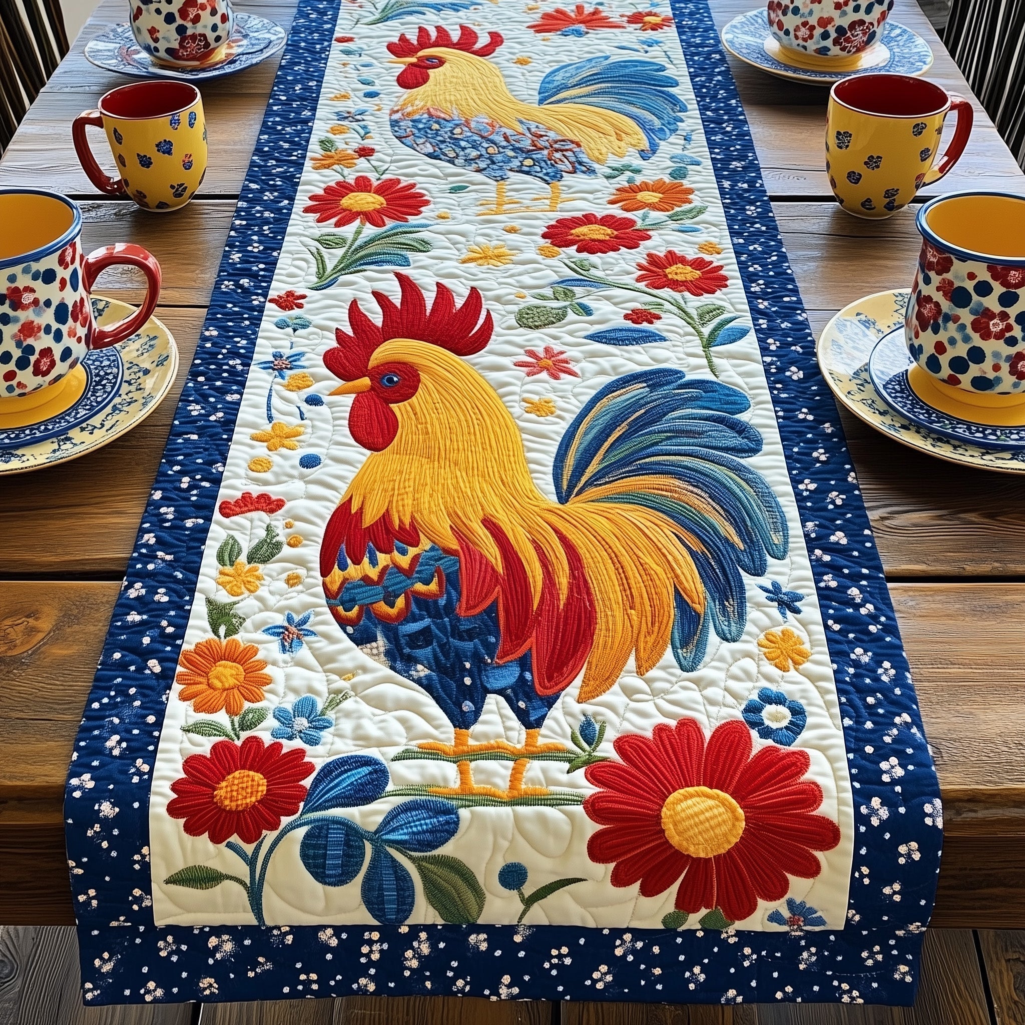 Rustic Rooster Charm Quilted Table Runner, Easter Table Runner, Spring Table Runner, Mother's Day Gifts