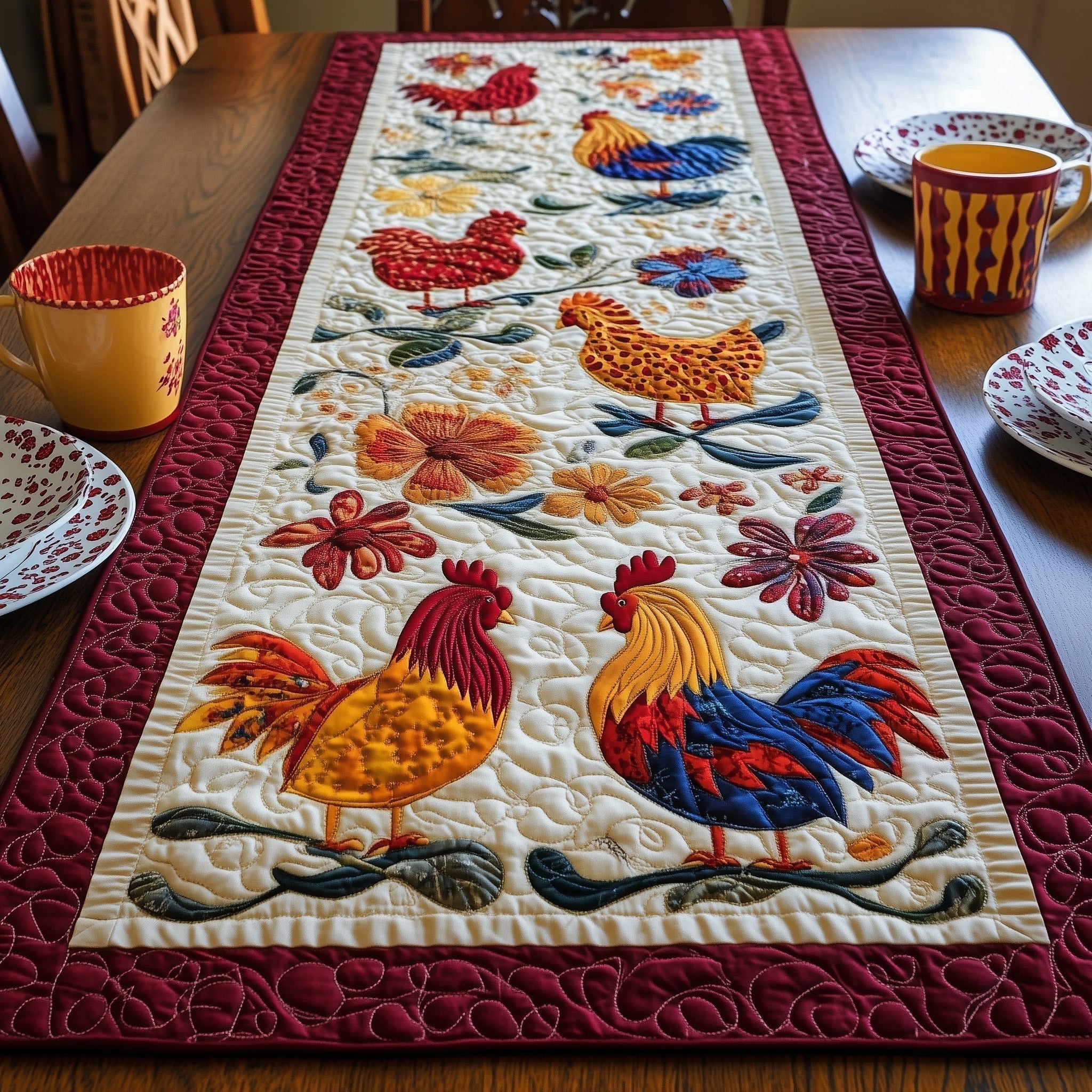 Colorful Rooster Patch Quilted Table Runner, Easter Table Runner, Spring Table Runner, Mother's Day Gifts