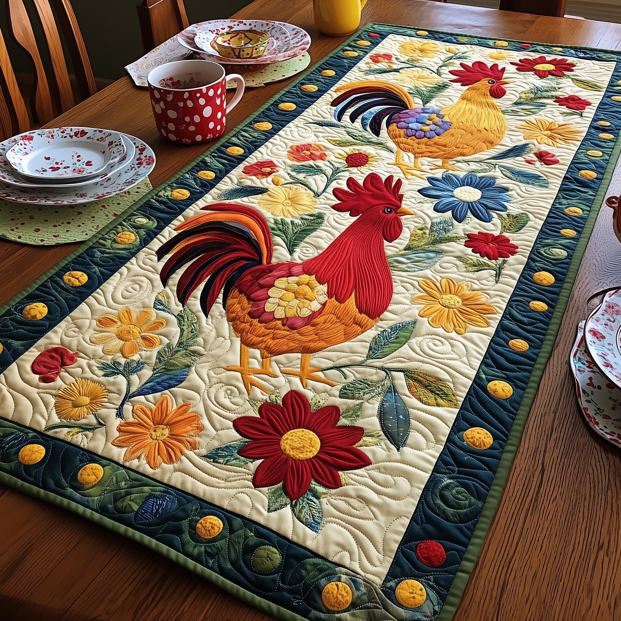 Joyful Chicken Farm Quilted Table Runner, Easter Table Runner, Spring Table Runner, Mother's Day Gifts