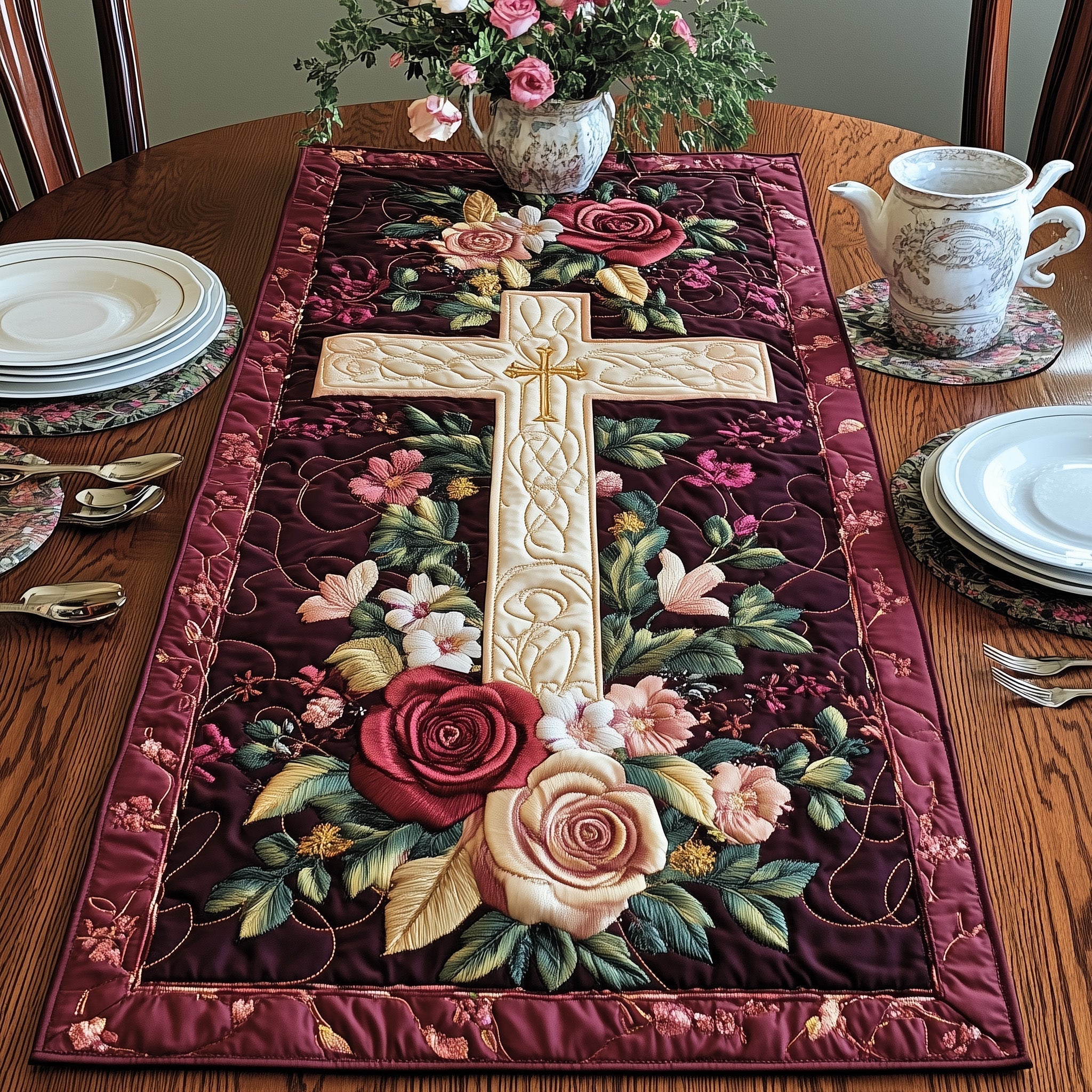 Cross of Serenity Quilted Table Runner, Easter Table Runner, Spring Table Runner, Mother's Day Gifts