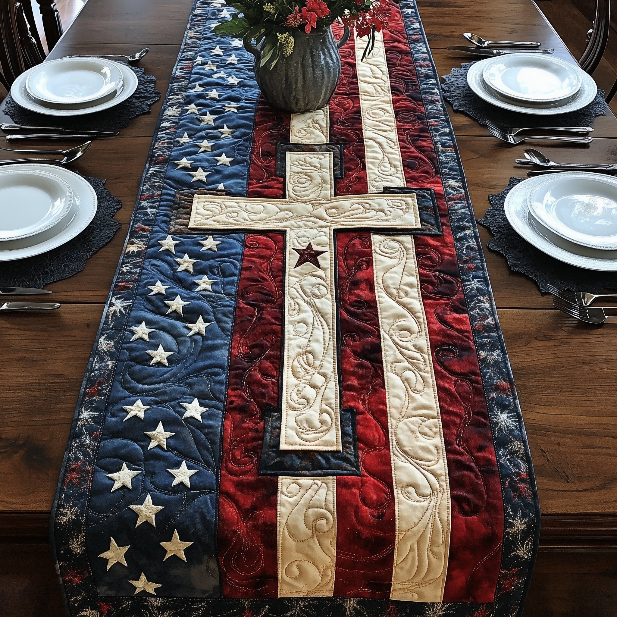 Cross of Liberty Quilted Table Runner, Easter Table Runner, Spring Table Runner, Mother's Day Gifts