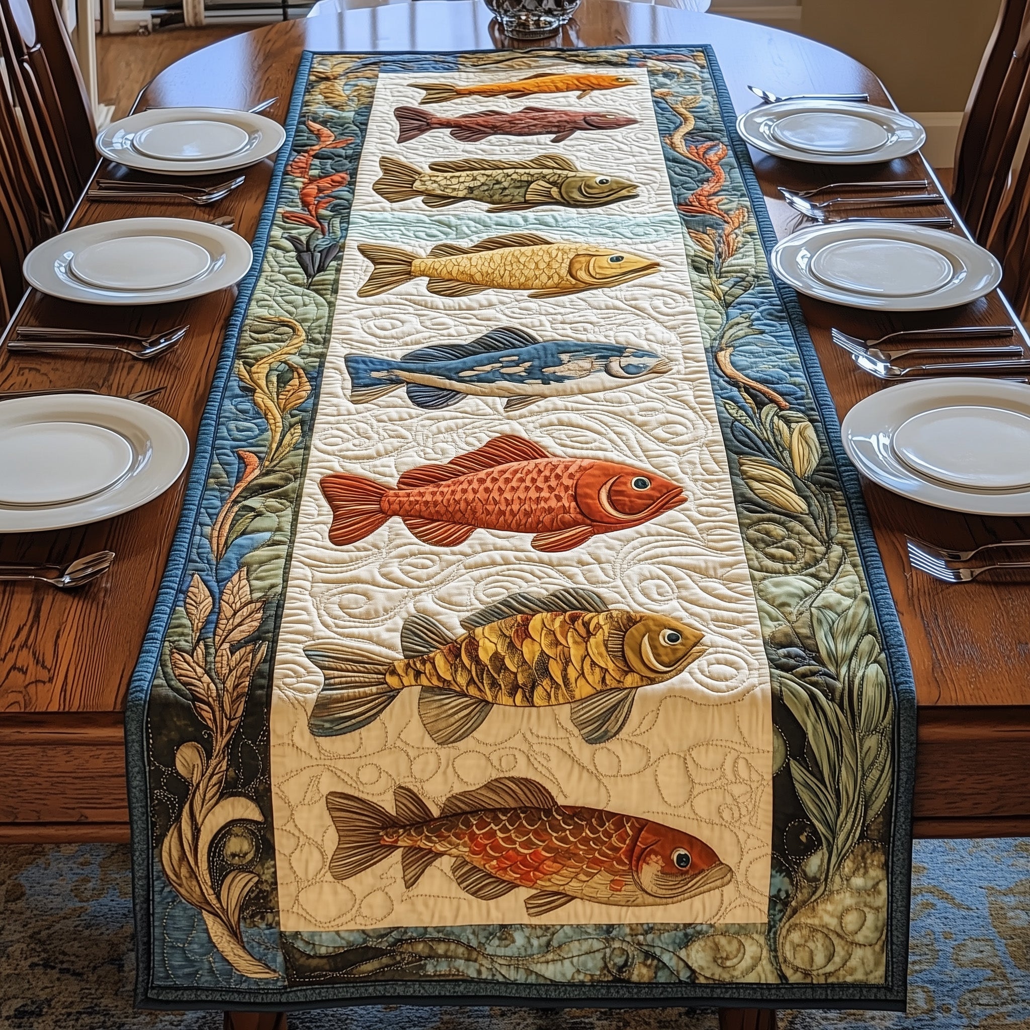 Fish Paradise Quilted Table Runner, Easter Table Runner, Spring Table Runner, Mother's Day Gifts