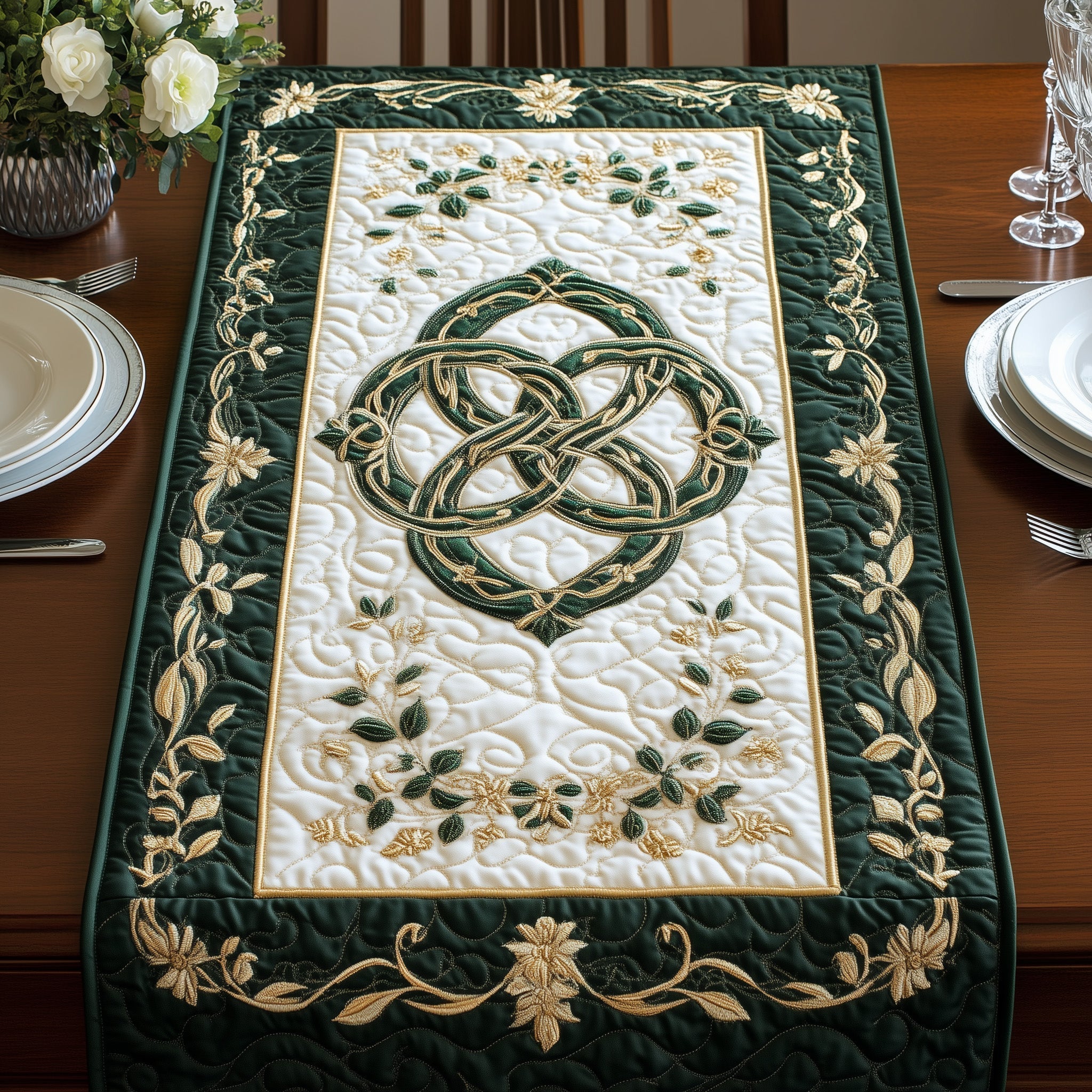 Golden Knot Elegance Quilted Table Runner, Easter Table Runner, Spring Table Runner, Mother's Day Gifts
