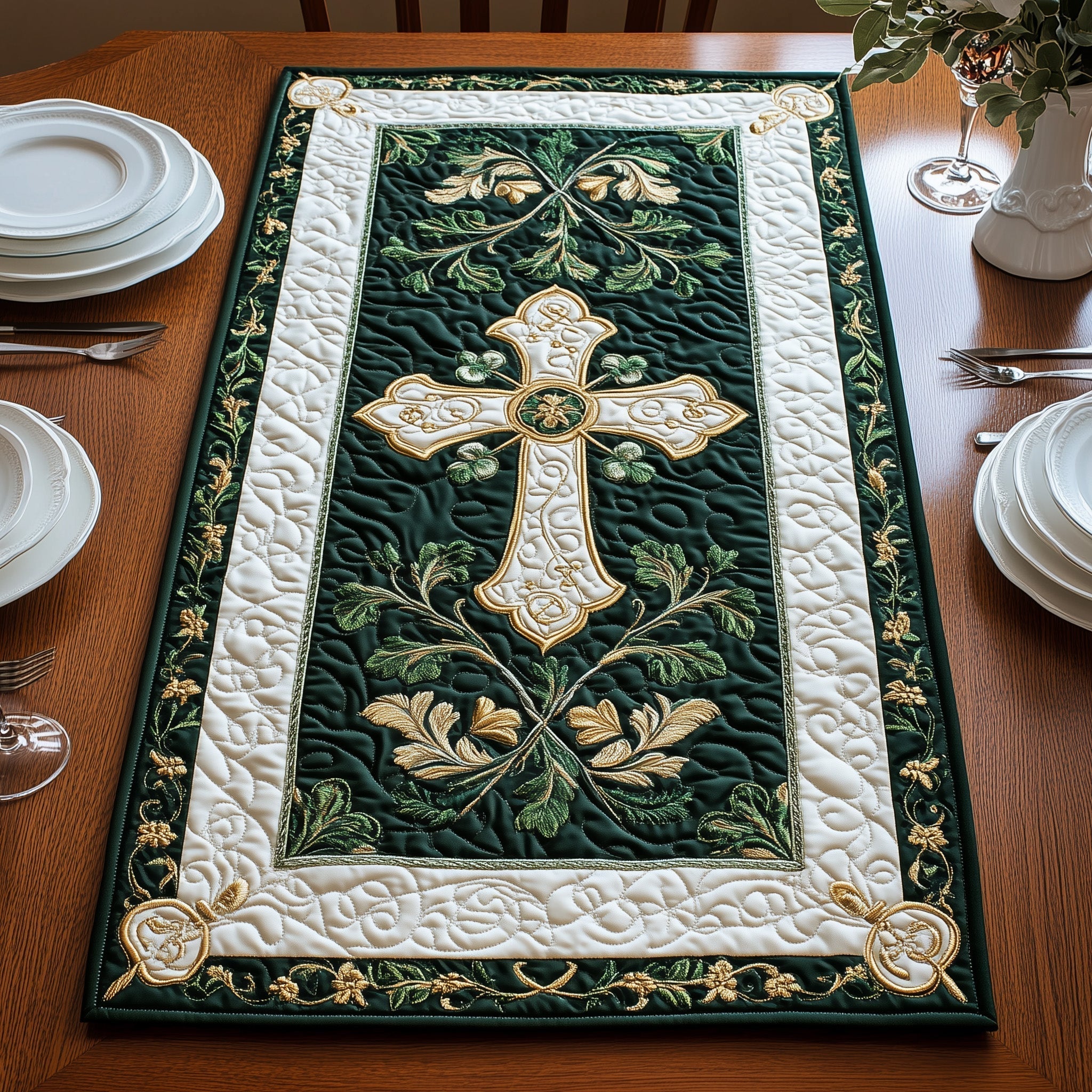 Elegance Celtic Cross Quilted Table Runner, Easter Table Runner, Spring Table Runner, Mother's Day Gifts