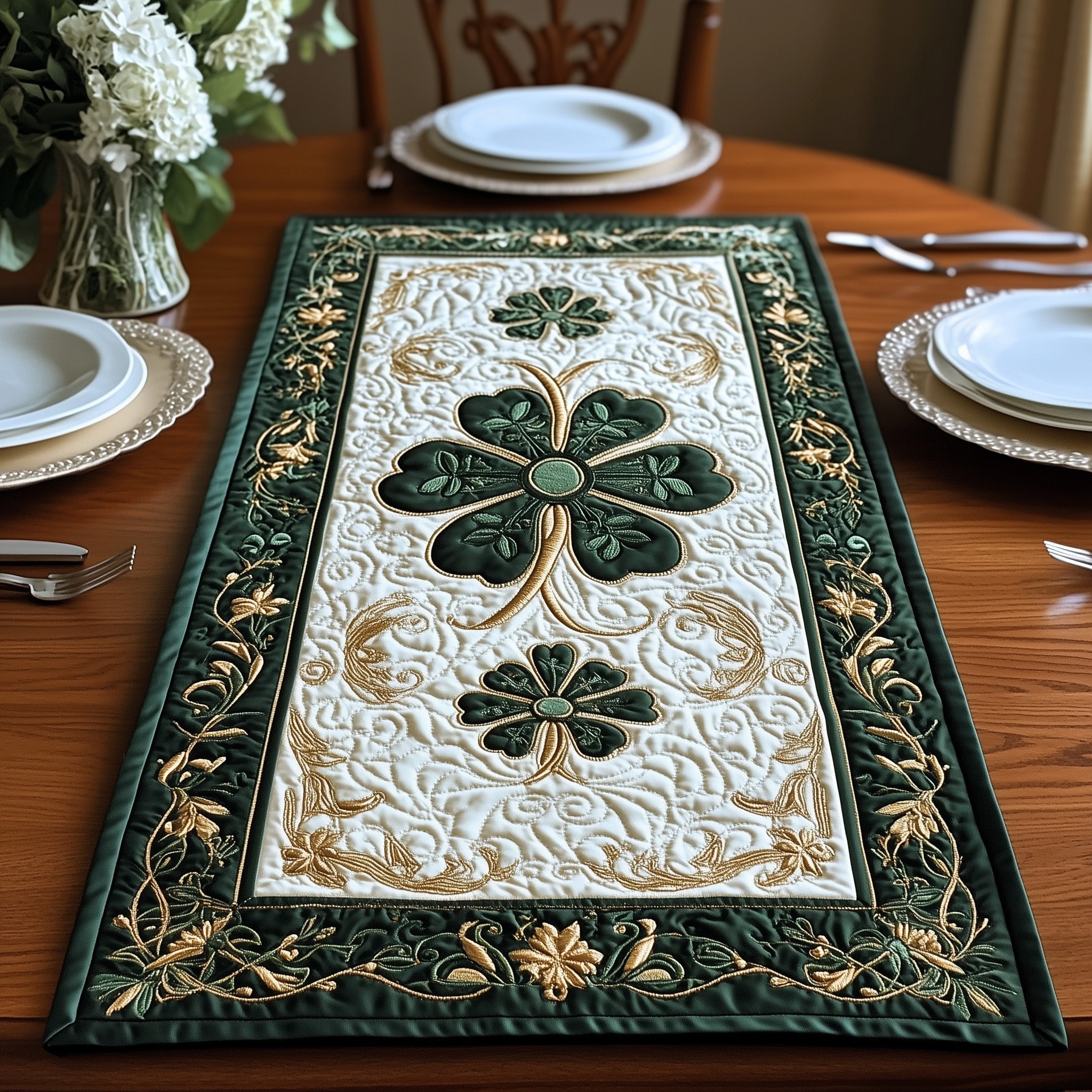 Elegance Celtic Shamrock Quilted Table Runner, Easter Table Runner, Spring Table Runner, Mother's Day Gifts
