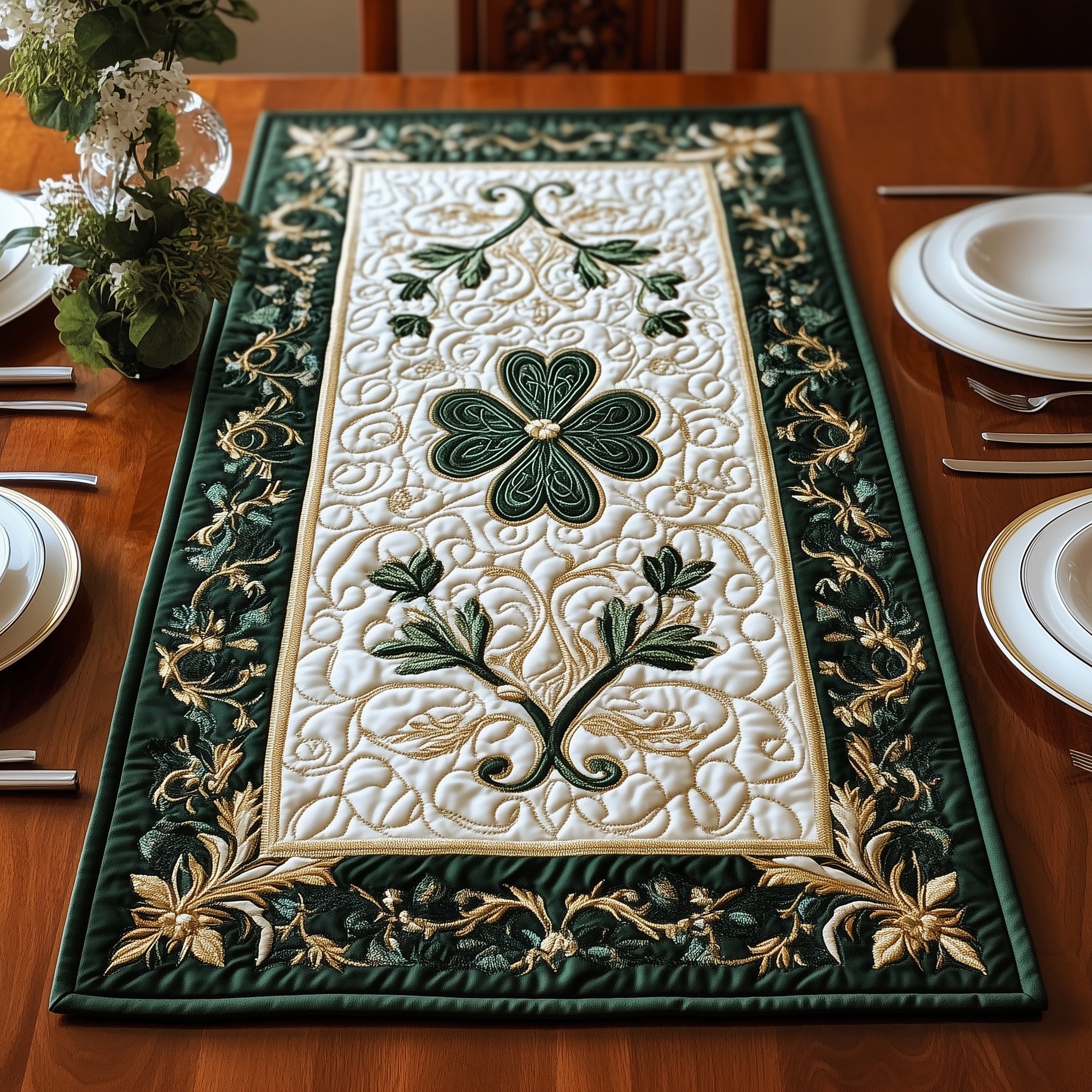 Elegance Irish Shamrock Quilted Table Runner, Easter Table Runner, Spring Table Runner, Mother's Day Gifts