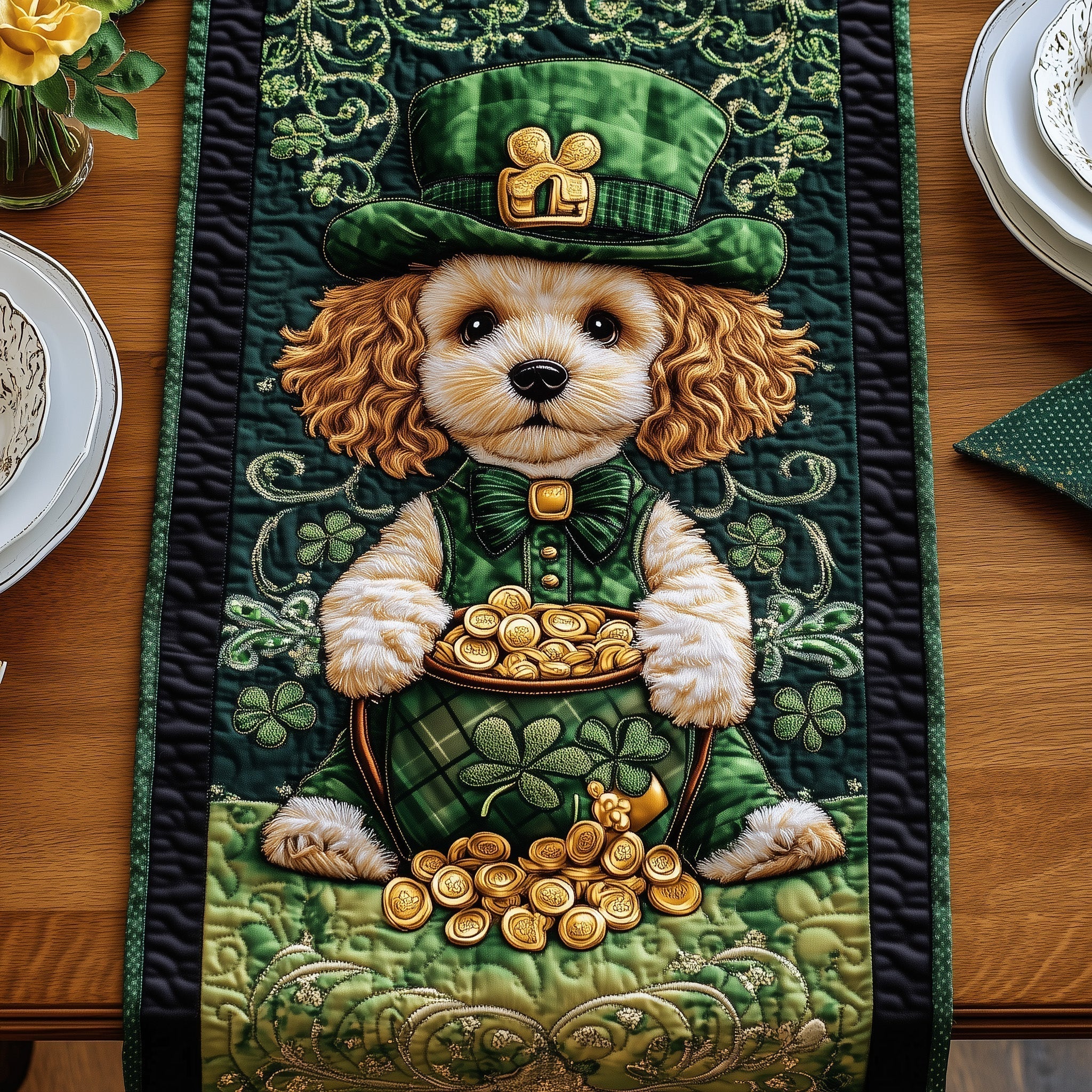 Celtic Lucky Puppy Quilted Table Runner, Easter Table Runner, Spring Table Runner, Mother's Day Gifts