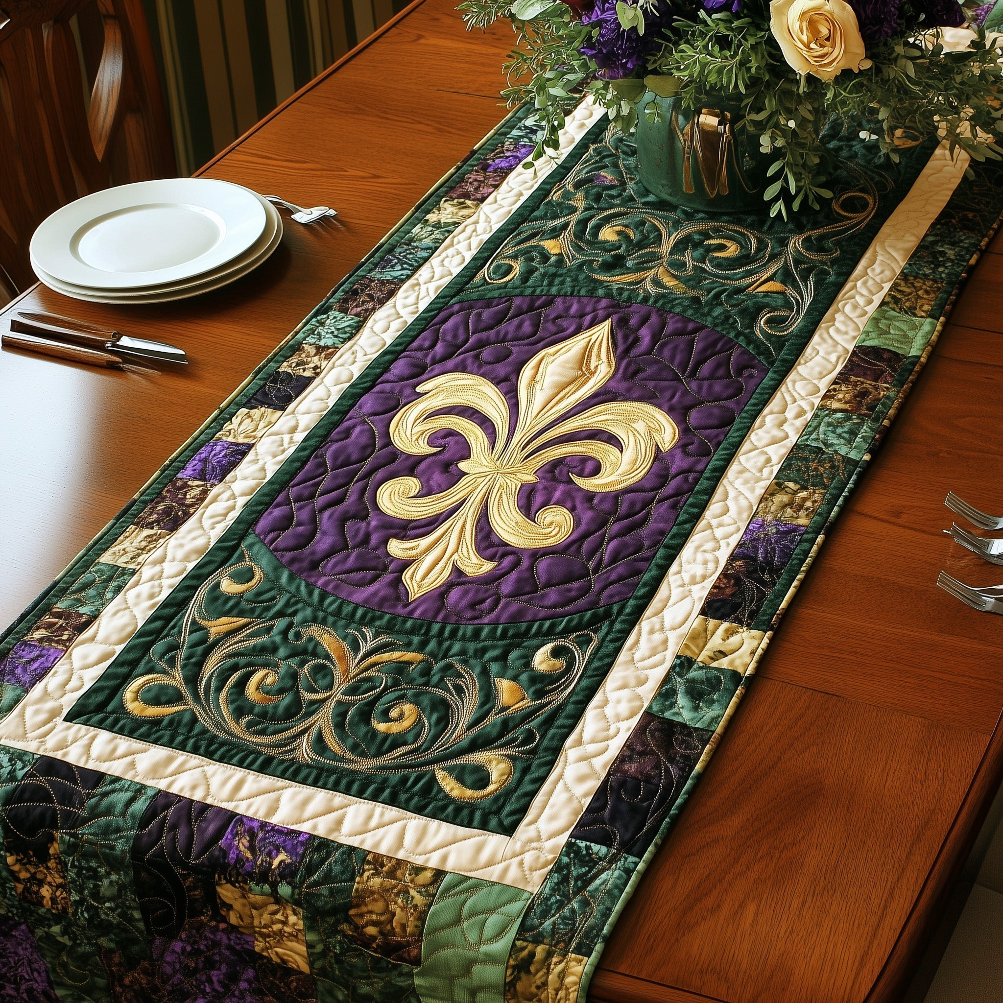 Festive Fleur de lis Quilted Table Runner, Easter Table Runner, Spring Table Runner, Mother's Day Gifts