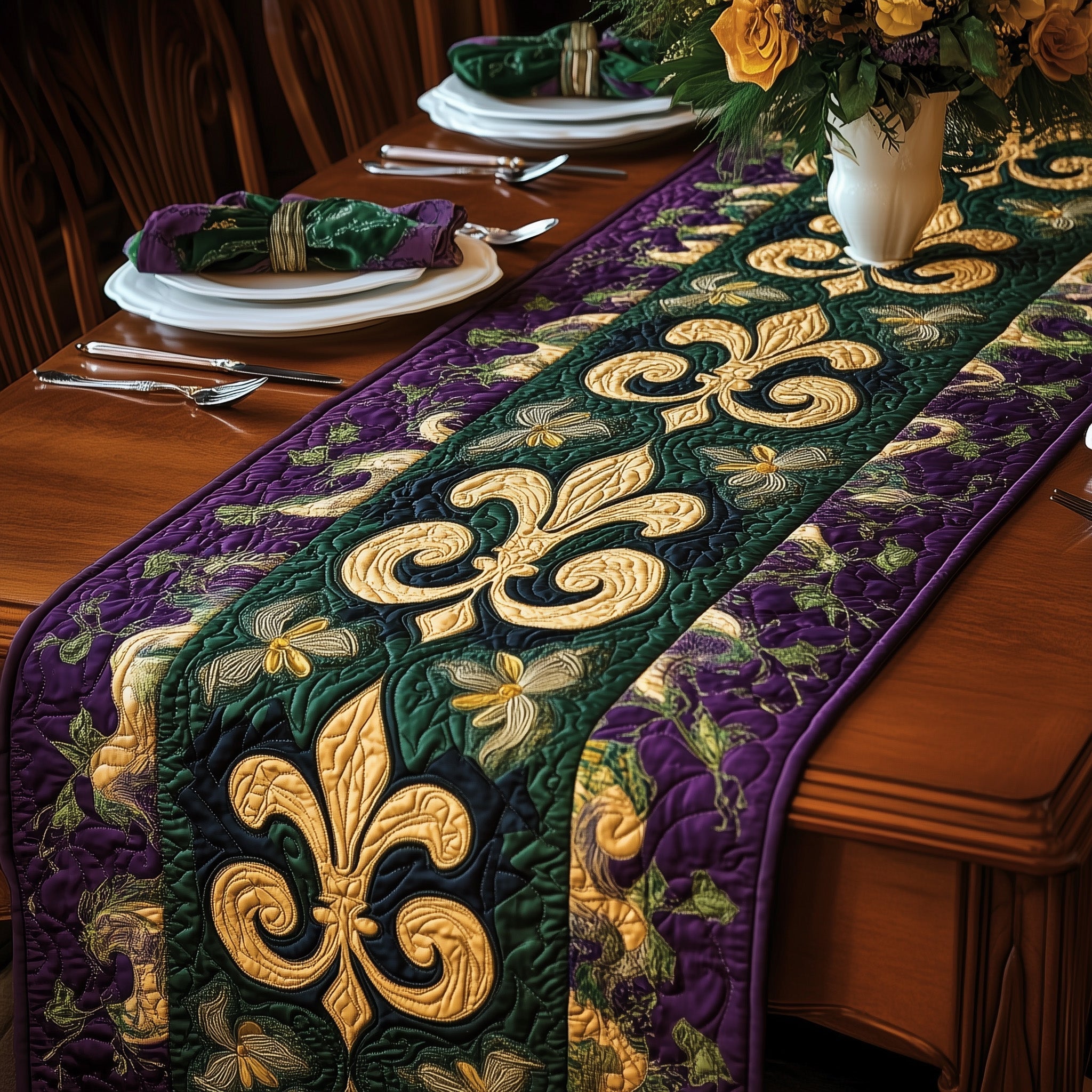 Fleur de lis Carnival Quilted Table Runner, Easter Table Runner, Spring Table Runner, Mother's Day Gifts