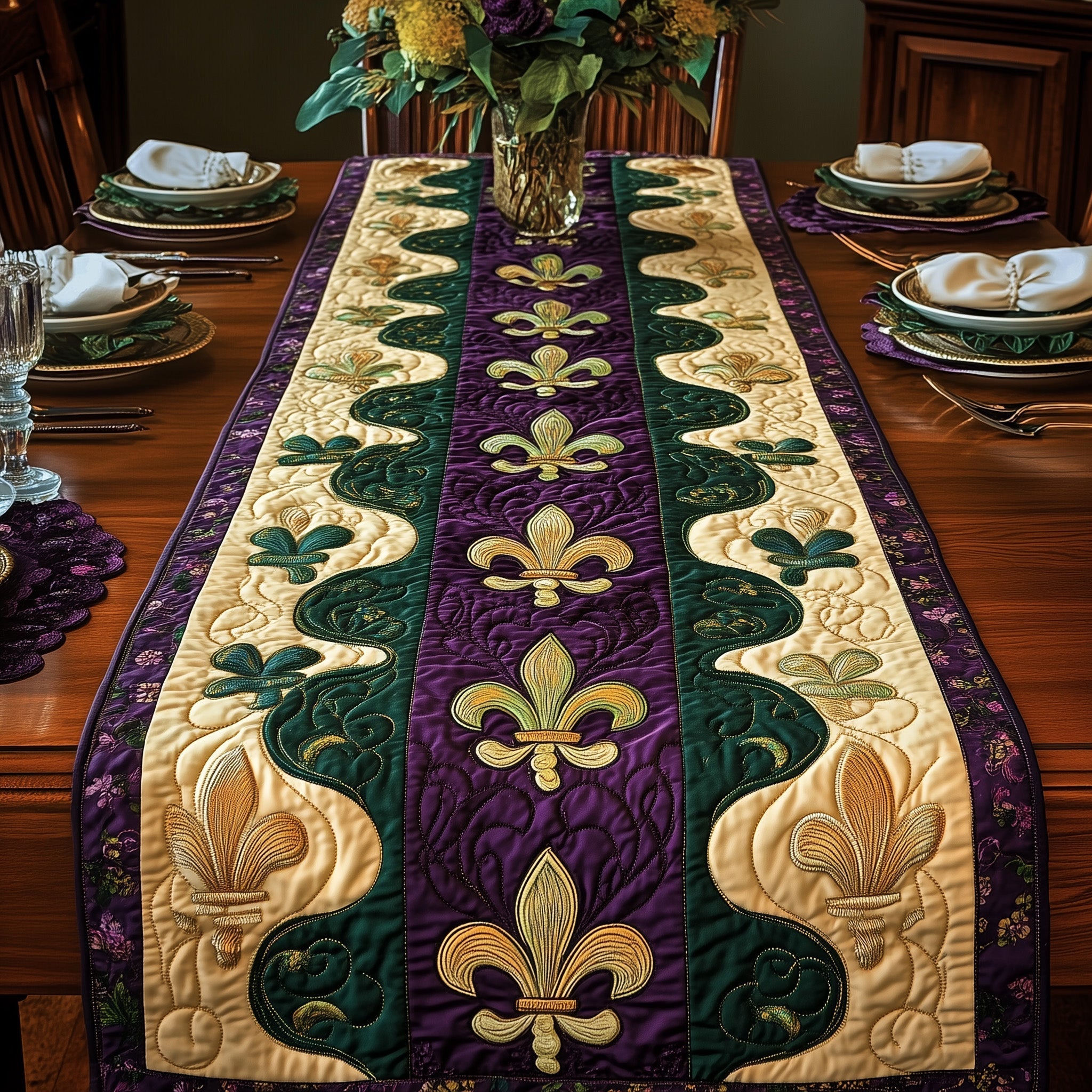 Fleur de lis Quilted Table Runner, Easter Table Runner, Spring Table Runner, Mother's Day Gifts