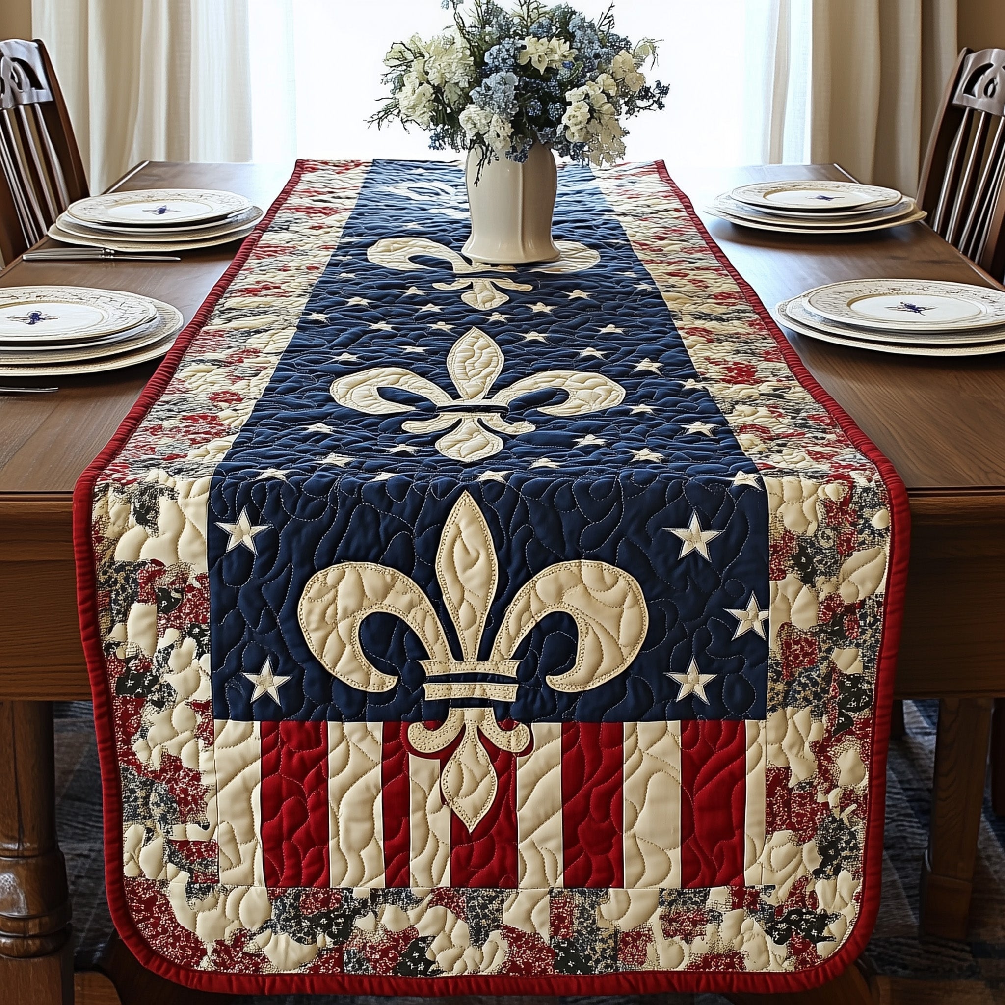 Elegance Fleur de lis Quilted Table Runner, Easter Table Runner, Spring Table Runner, Mother's Day Gifts