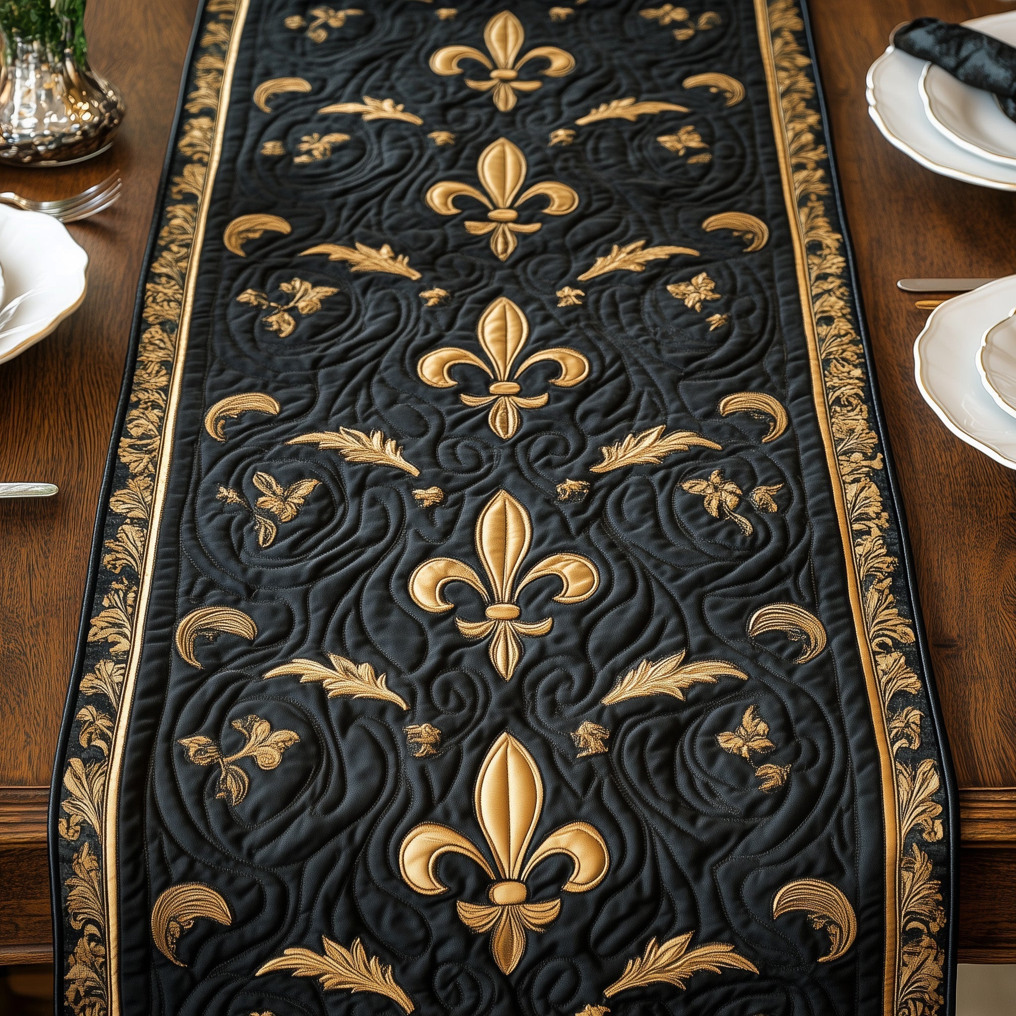 The Regal Fleur de lis Quilted Table Runner, Easter Table Runner, Spring Table Runner, Mother's Day Gifts
