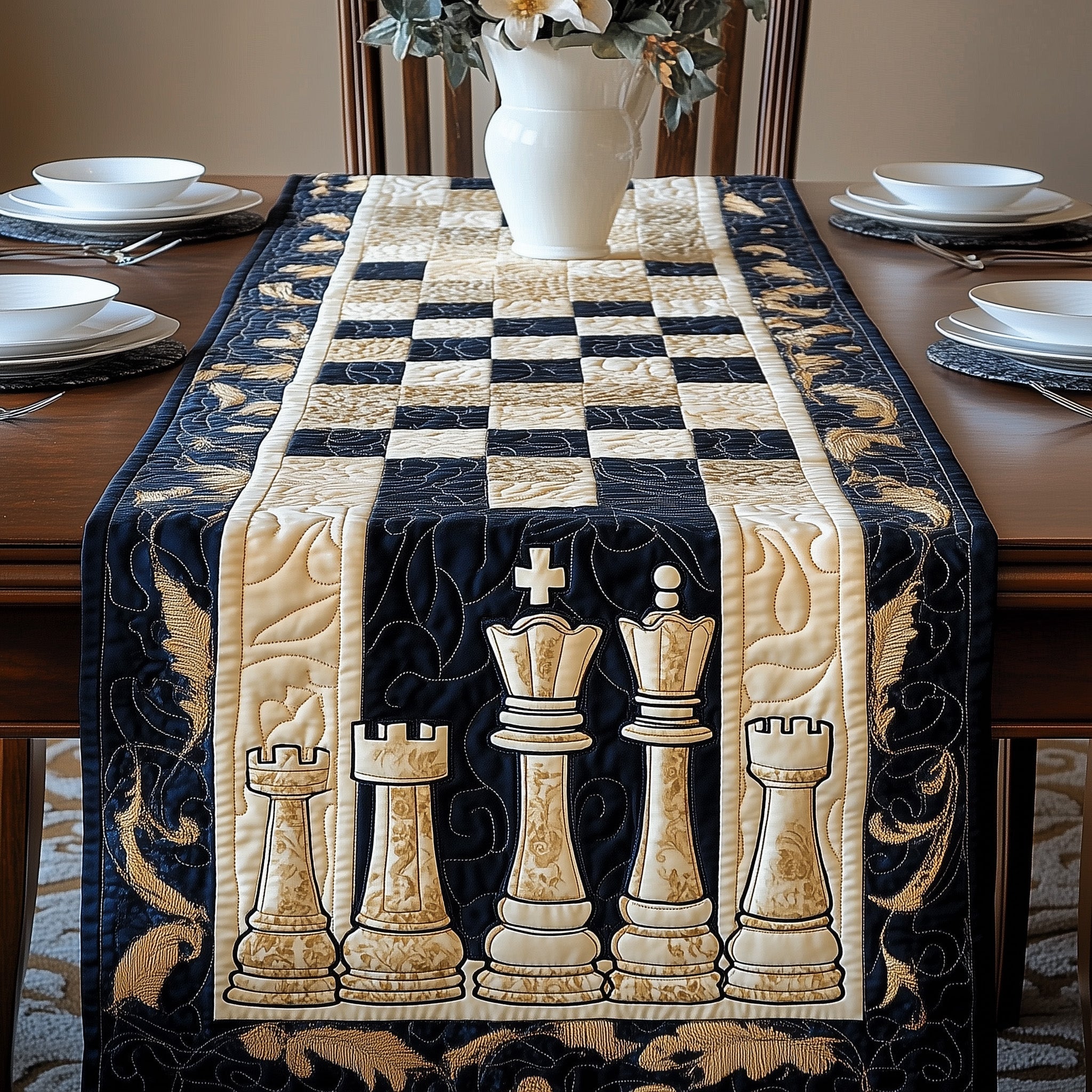 Vintage Chess Quilted Table Runner, Easter Table Runner, Spring Table Runner, Mother's Day Gifts
